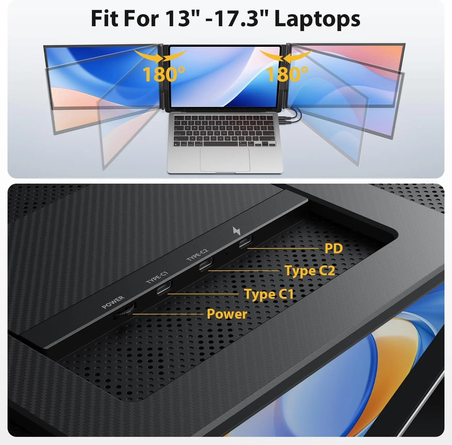 APILDELLA 16" Triple Laptop Screen Extender, 1200P 16:10 Portable Dual Monitor for Laptop USB C HDMI, 0.2" Ultra-Slim & 4 lbs, Plug-Play Monitor Extender for Mac/Windows, Fit 13"-17.3" Laptops