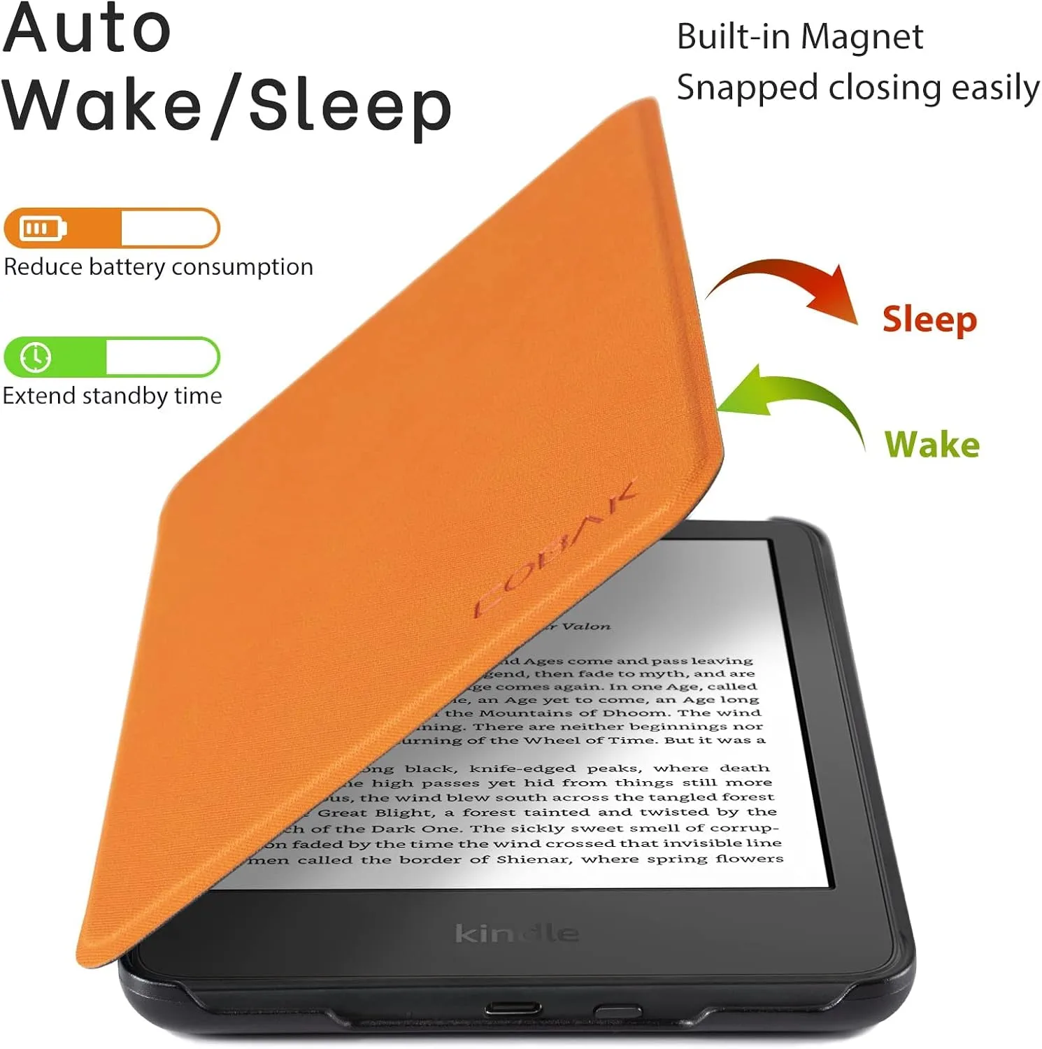 CoBak Case for All New 6 Inch E-Reader 2024 and 2022 (11 Generation) - PU Leather Smart Cover, Auto Sleep and Wake,Fabric Orange
