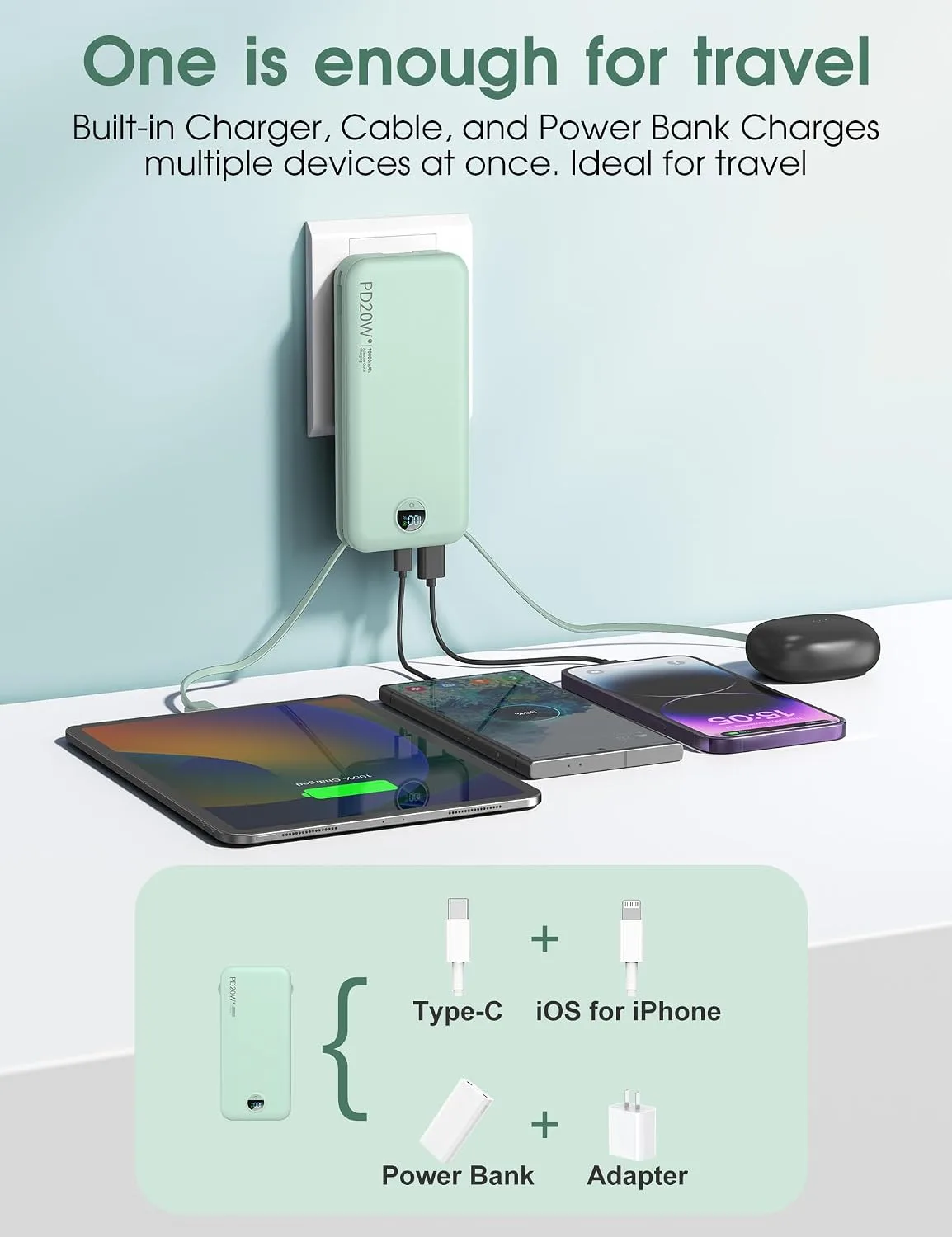 citicr Portable Charger 10000mAh PD20W w/Built-in Cables & Wall Plug Green