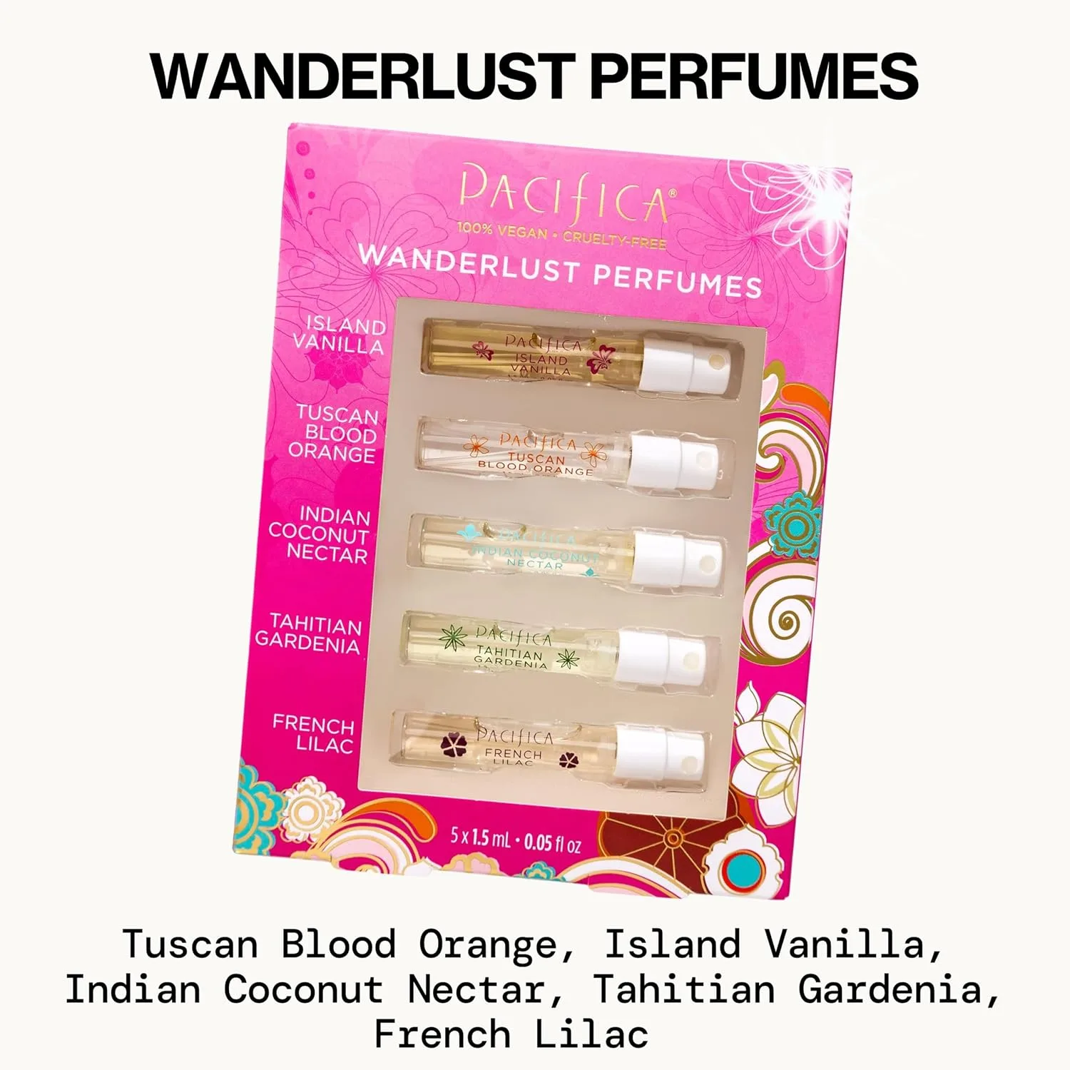 Pacifica Beauty Wanderlust Spray Perfume Set, Fragrances, Travel Perfume, Island Vanilla, Tuscan Blood Orange, Indian Coconut Nectar, Tahitian Gardenia, French Lilac, Vegan, 0.05 fl oz Each (Set of 5)