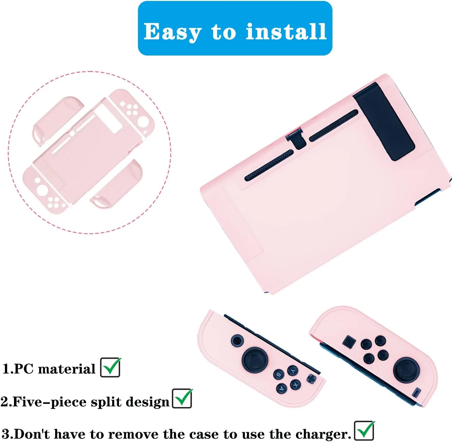 OLDZHU Pink Dockable Protective Case Cover Compatible with Nintendo Switch Joy-Con Controllers,with Glass Screen Protector and 4 Thumb Grips,Shock-Absorption and Anti-Scratch (Pink)
