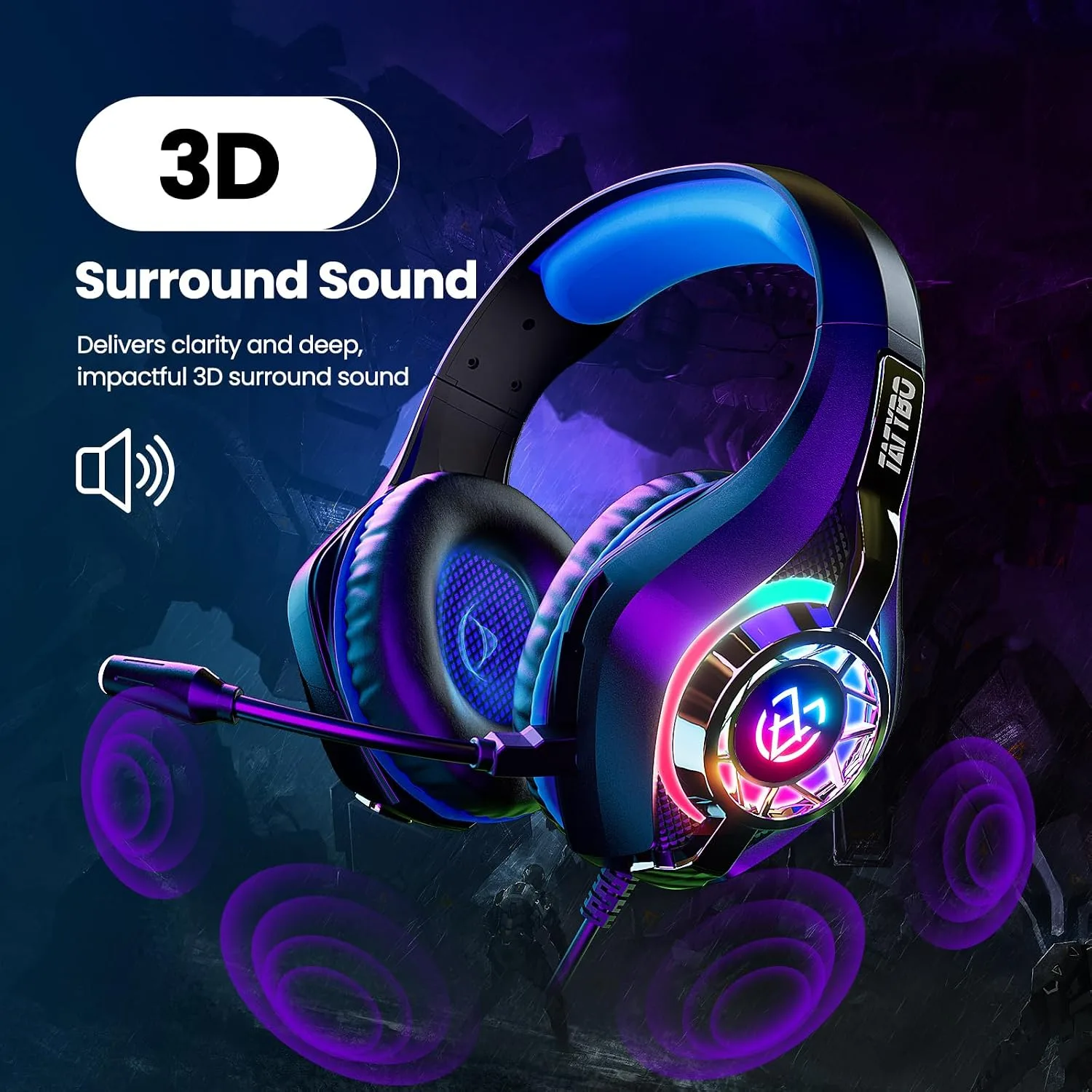 Tatybo Gaming Headset for PS5 PC, Noise Canceling Mic, RGB, Black Blue