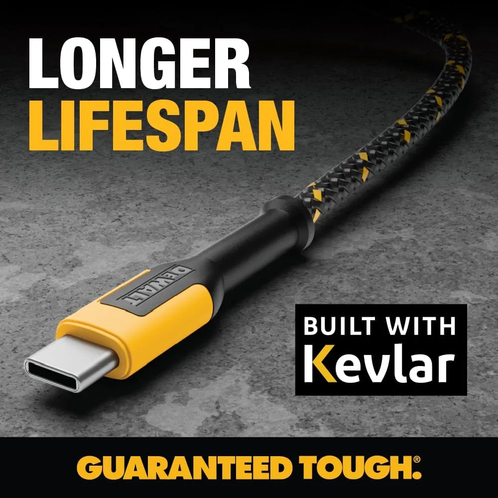 DEWALT Heavy Duty USB C Cable, Jobsite 60 Watt USB C Cable, 2 ft
