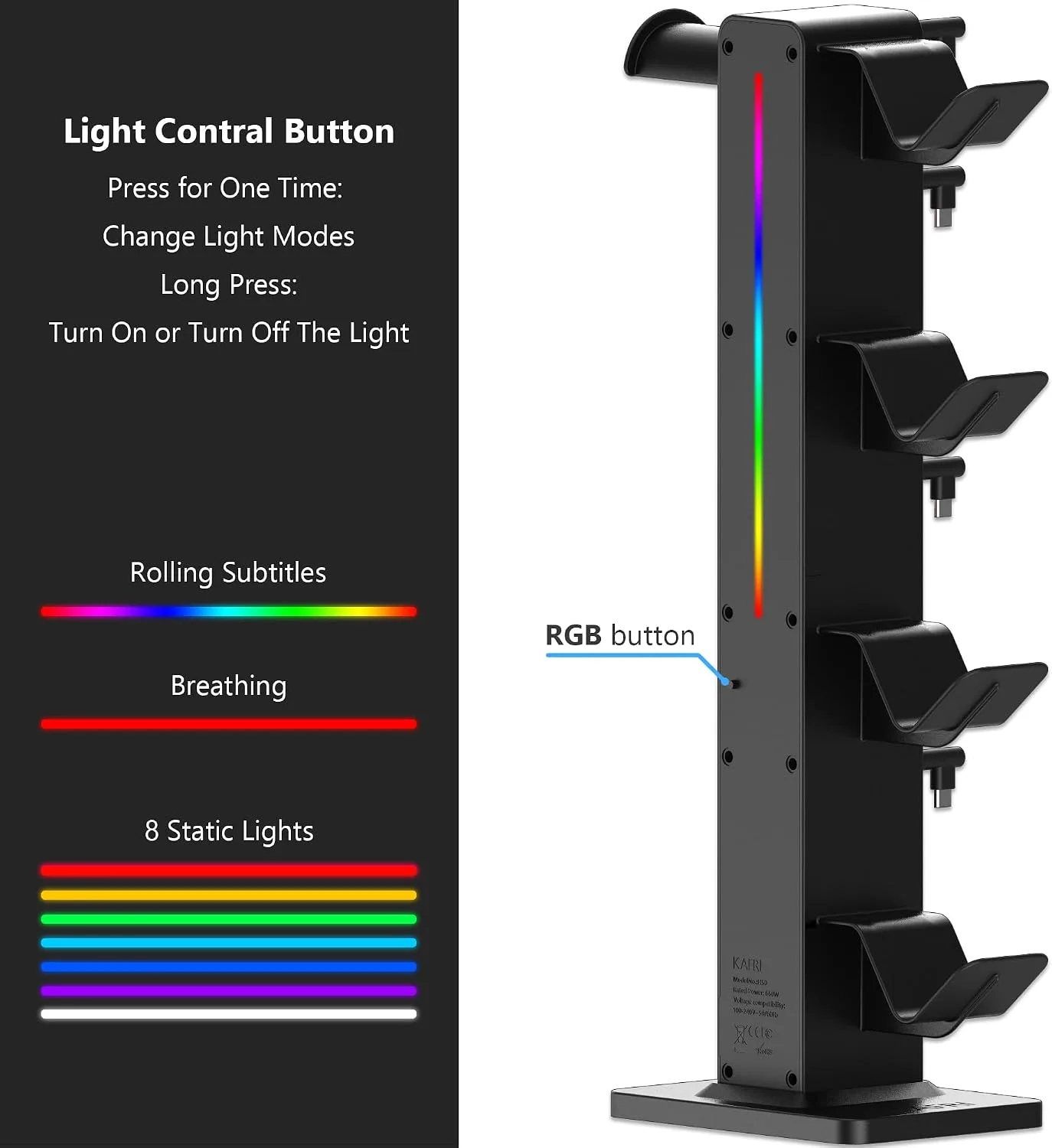 KAFRI RGB Gaming Headphone Stand with Controller Holder, Desk Organizer with Retractable Charger Cable, 2 AC Outlets & 4 Type-C Charging Ports, PC Gaming Accessories for Headset & Controller (Black)
