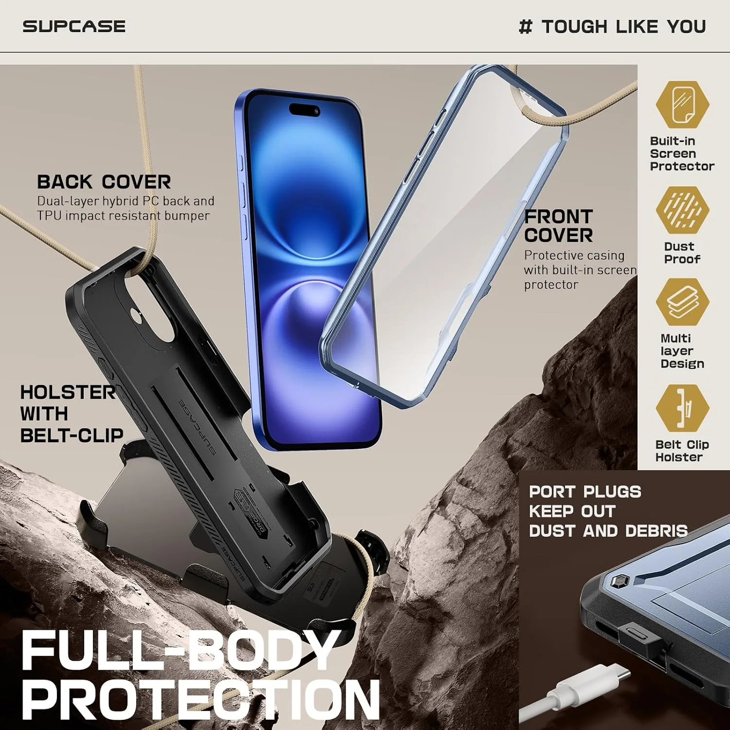 SUPCASE for iPhone 16 Case with Screen Protector & Kickstand, Blue