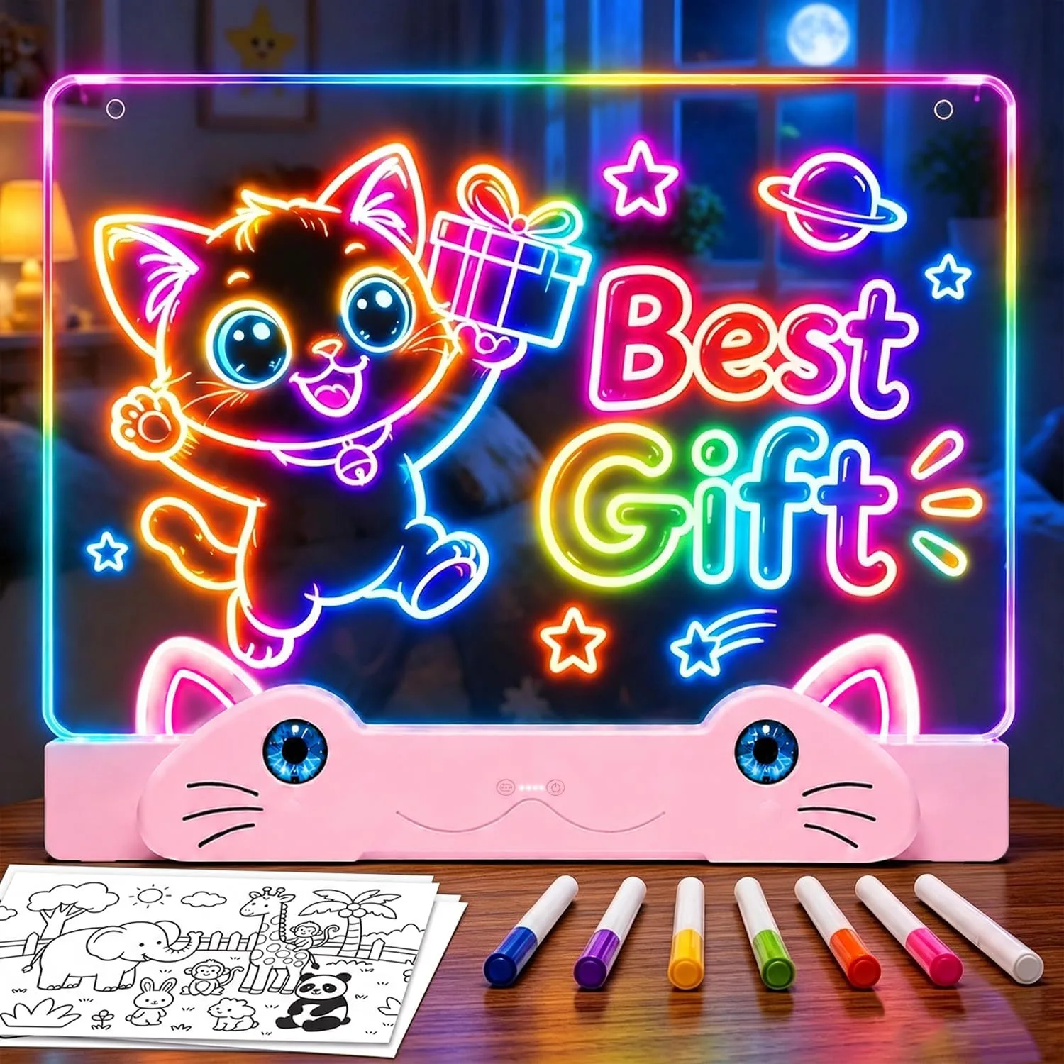 Pizarra LED para dibujo Zenlea con diseño de gato y luces de colores