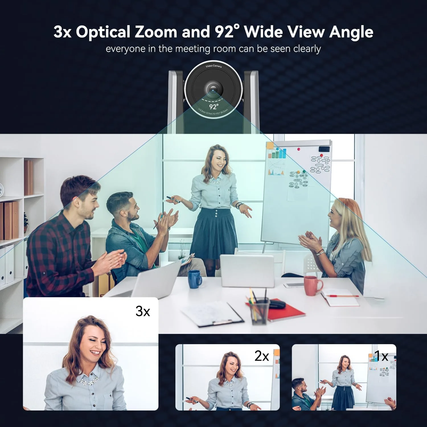 4K PTZ Camera AI Auto Tracking 3X Optical Zoom 92° Wide View Angle,USB 3.0 and HDMI Conference room Camera 4K Work with Zoom OBS Teams YouTube,Facebook for for Church, Worship, Education, Conferences