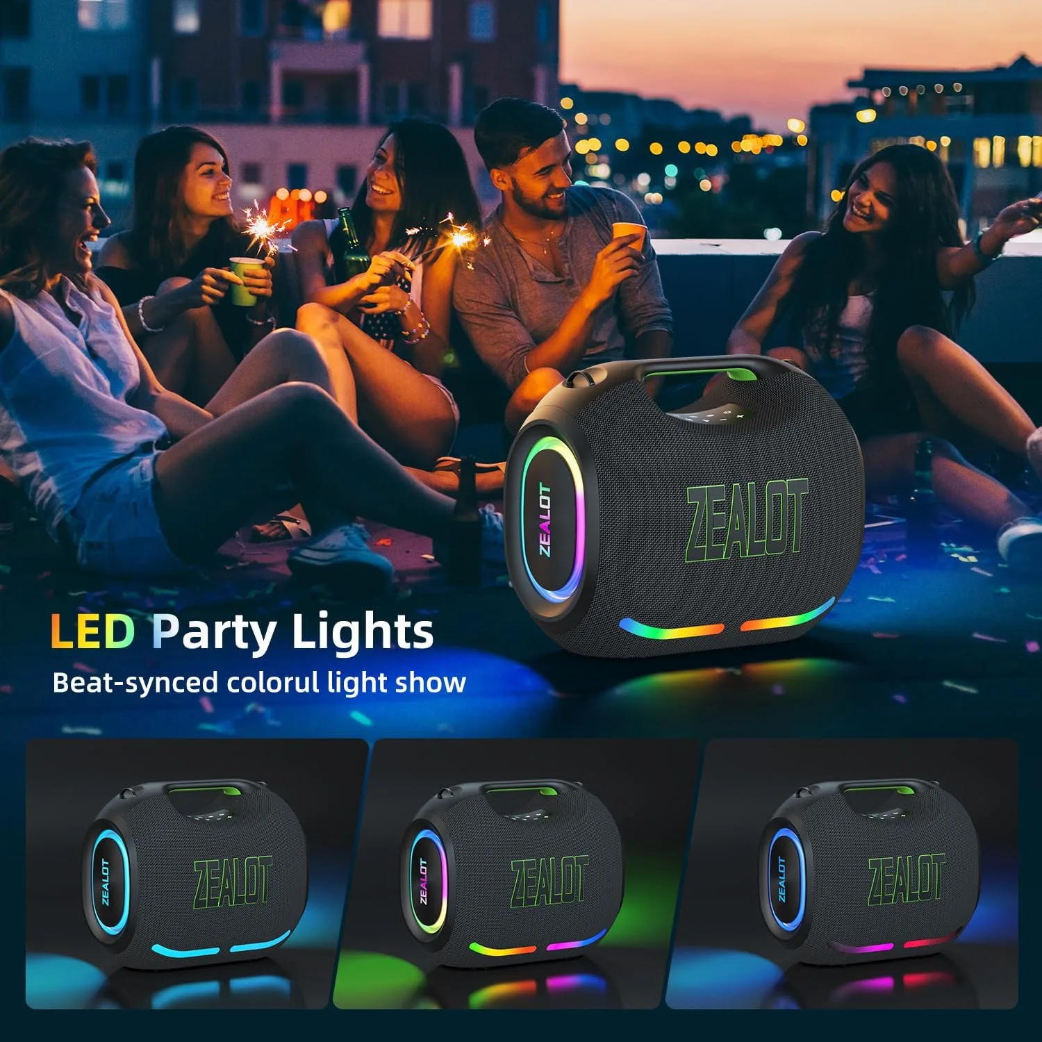 ZEALOT Loud Portable Bluetooth Speaker, 350W Max Wireless with LED Light, Dual Pairing, XBass, Bluetooth 5.3, 48000mAh, Outdoor Waterproof Speaker for Camping, Beach and Party
