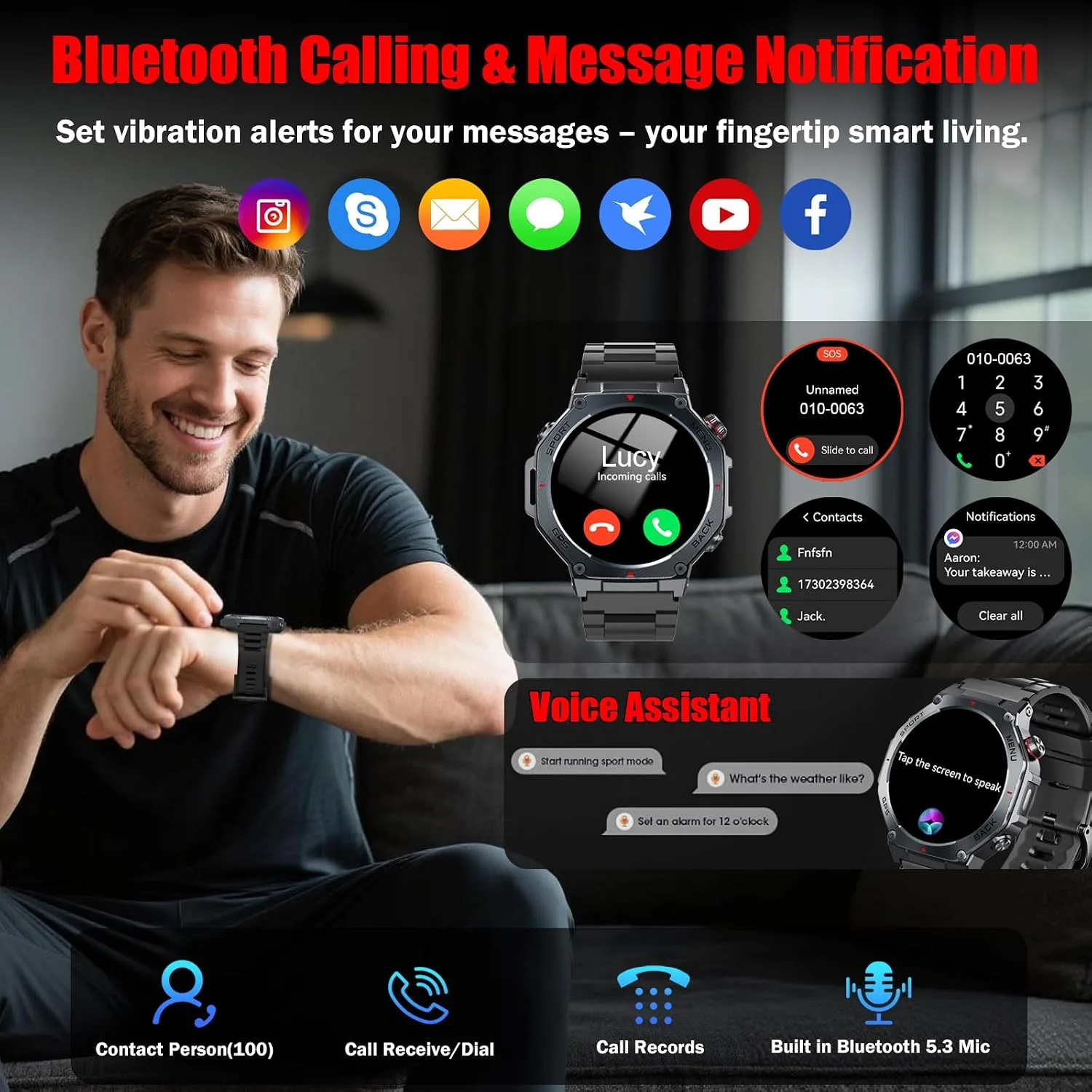Jugeman Military Smart Watch for Men Built-in GPS with LED Flashlight-Black