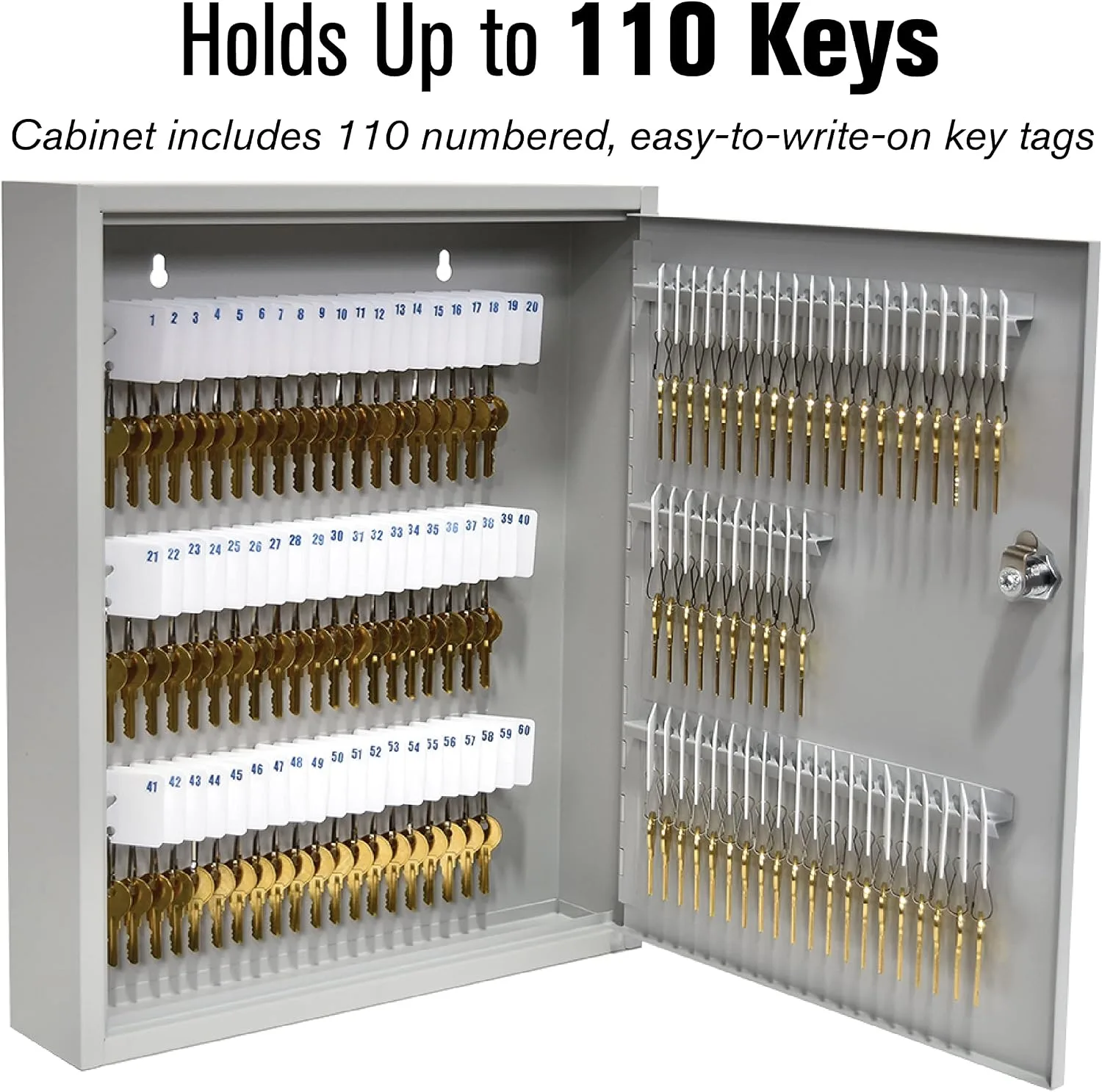 BankSupplies STEELMASTER 110 Key Cabinet Single Lock Key Box Welded Steel Scratch Resistant with Numbered Write-On Key Tags for Easy Identification 14W x 17H Inches