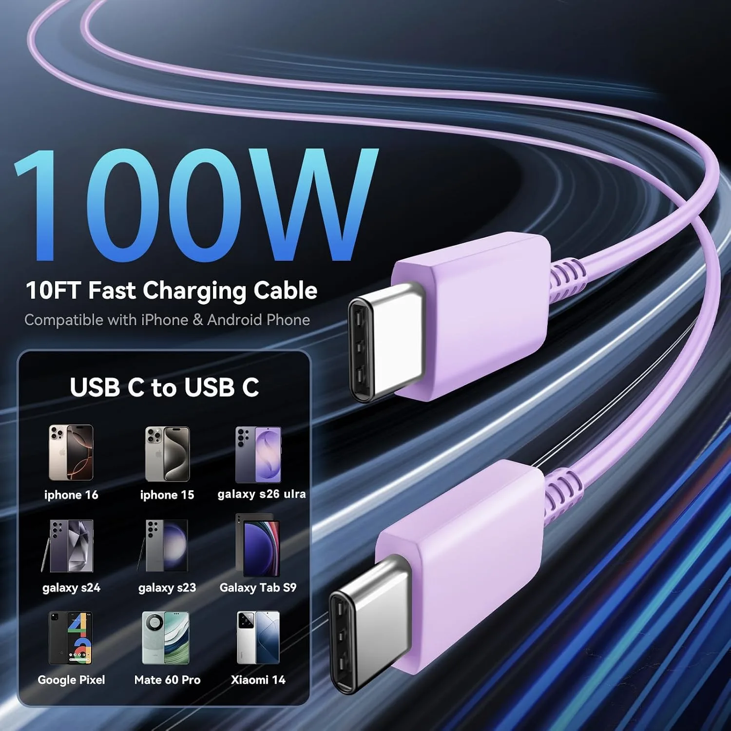 Super Fast Charger Type C 60W USB C Fast Charger Block with 10FT Extra Long Type-C Charging Cord-Super Fast Charging 3.0 for Samsung Galaxy S26 Ultra/S26/S26+/S25 /S24/S23 Ultra-Light Purple