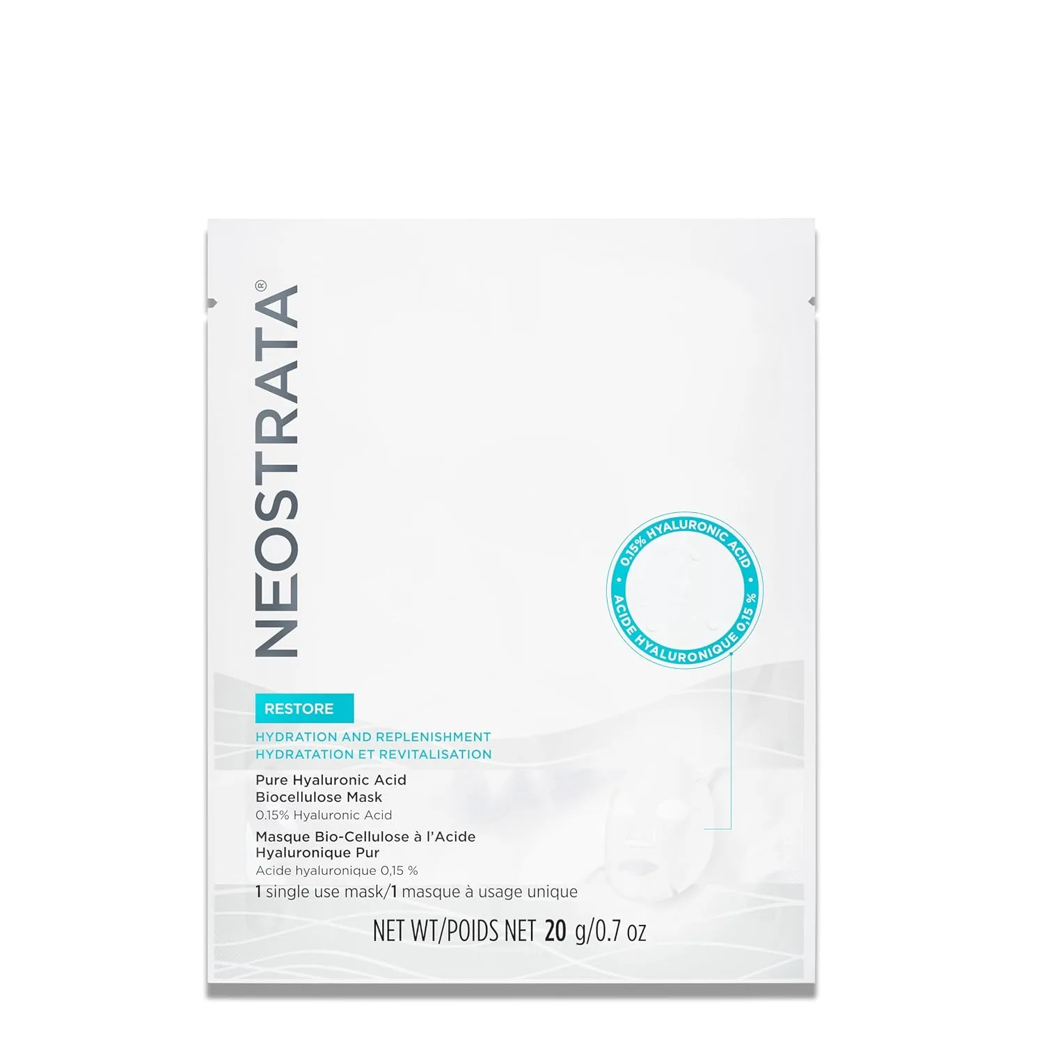 NEOSTRATA Restore Pure Hyaluronic Acid Biocellulose Face Mask, Hydrating and Plumping Single Use Sheet Mask for Dry, Sensitive Skin, 0.7 oz