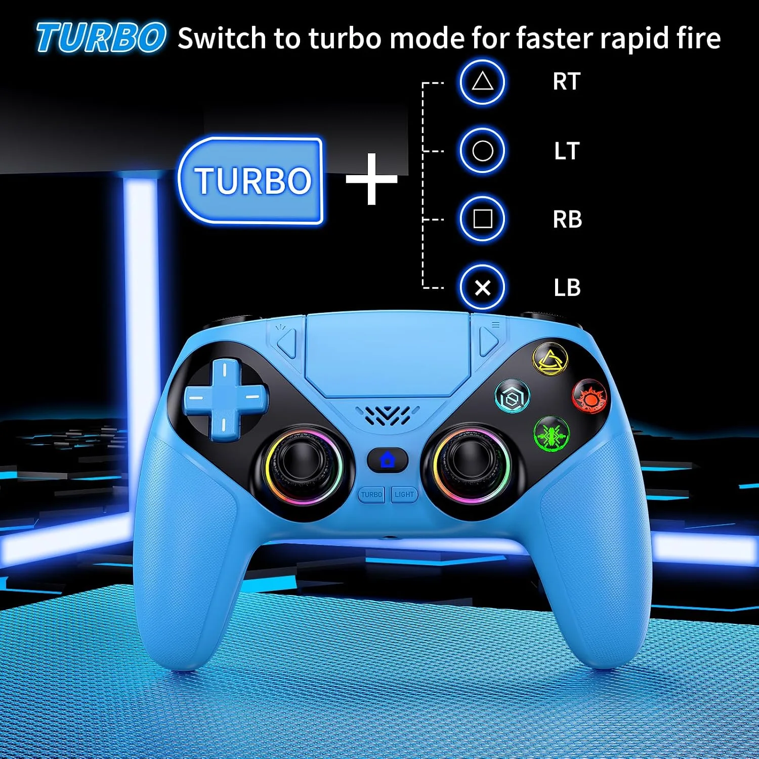 Dinosoo RGB Wireless Controller for PS5/PlayStation 5 PC, Bluetooth Controller with Turbo, Macro, Dynamic Vibration, 6-Axis Motion Control, 3.5mm Audio Jack, 1000mAh Battery, Speaker - Blue