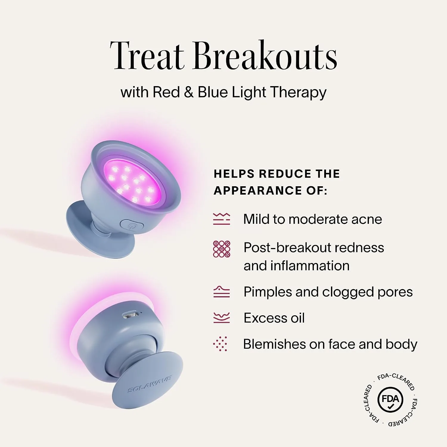 Solawave Bye Acne Light Therapy Device, Red & Blue Light for Face & Body