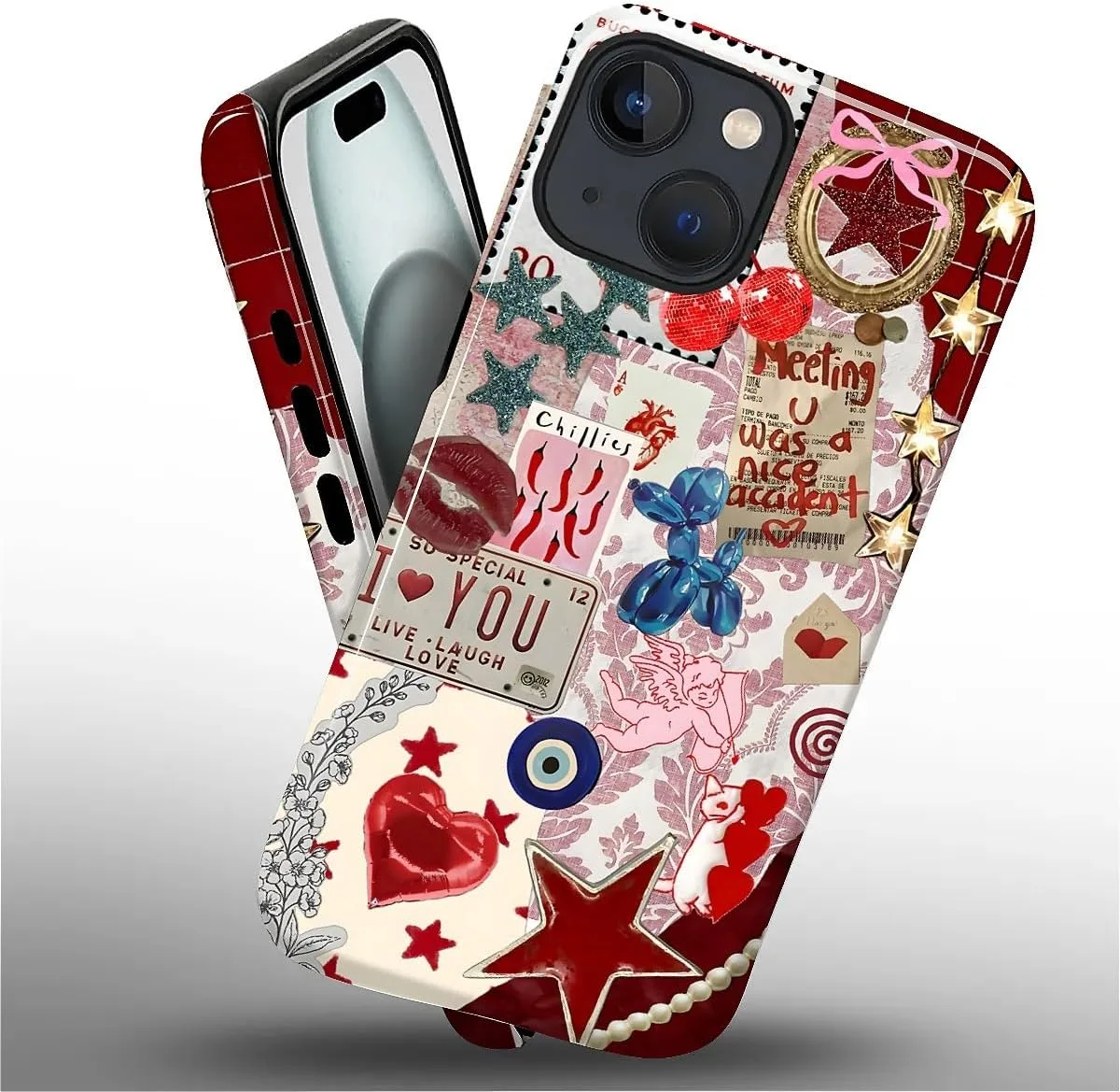 DAIZAG Case for iPhone 15 Plus,Mixed 2 Layer Design Shockproof Soft TPU Ddouble Protection Phone Case for iPhone 15 Plus-Conch Red Pearl Collage