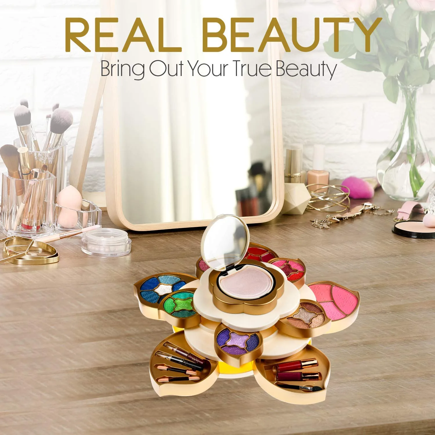 CoralBeau All In One Makeup Kit for Teens and Women - Flower Makeup Set for Girls 10-12 - Pigmented Eyeshadows, Lip Creams, Blushes, Concealer and Mirror - Full Starter Makeup Gift Set for Beginners
