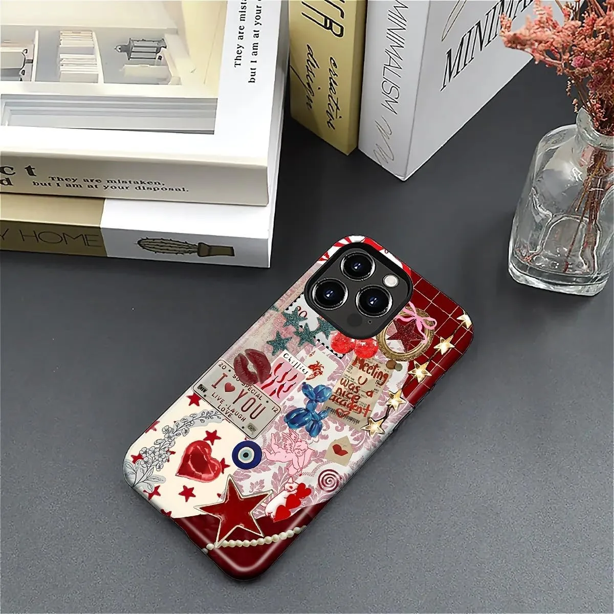 DAIZAG Case for iPhone 16 Pro Max,Mixed 2 Layer Design Shockproof Soft TPU Ddouble Protection Phone Case for iPhone 16 Pro Max-Conch Red Pearl Collage