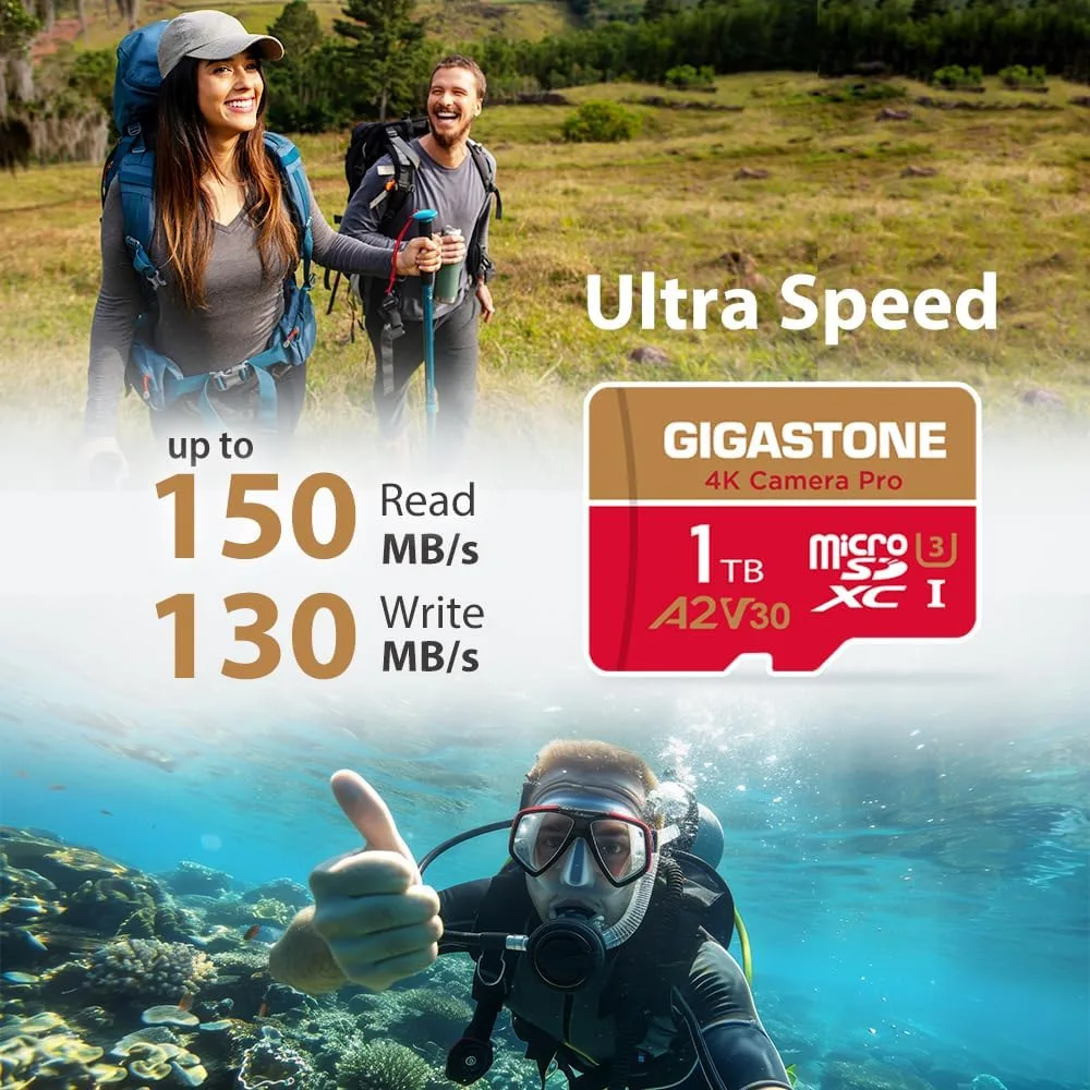 【5-Yrs Free Data Recovery】 GIGASTONE 1TB Micro SD Card, 4K Camera Pro, R/W up to 150/130 MB/s, 4K Video Recording for GoPro, DJI, Drone, MicroSDXC Memory Card UHS-I U3 A2 V30, with Adapter