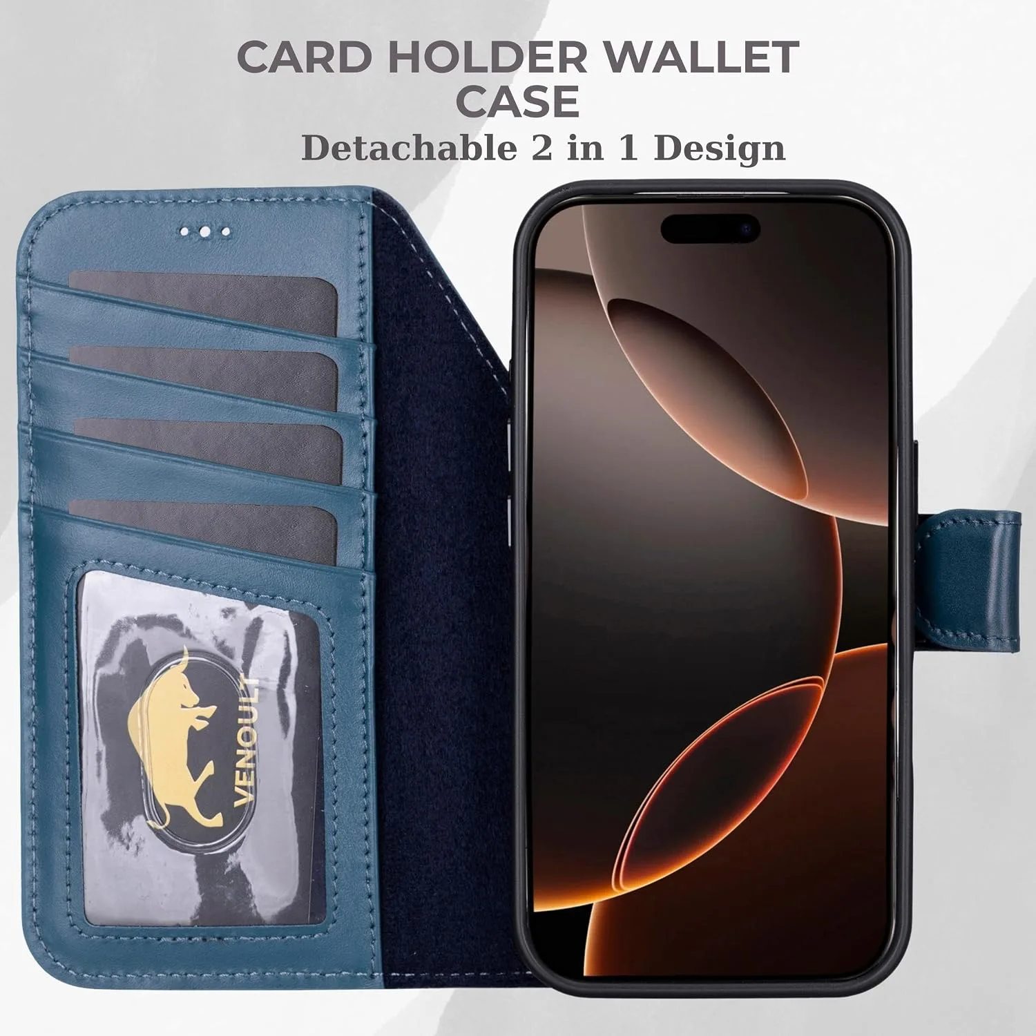 VENOULT Wallet Case for iPhone, Full Grain Genuine Turkish Leather, Magnetic Detachable, RFID 4 Card Slots, Business Style, Compatible with MagSafe (Admiral Blue, iPhone 16 Pro)