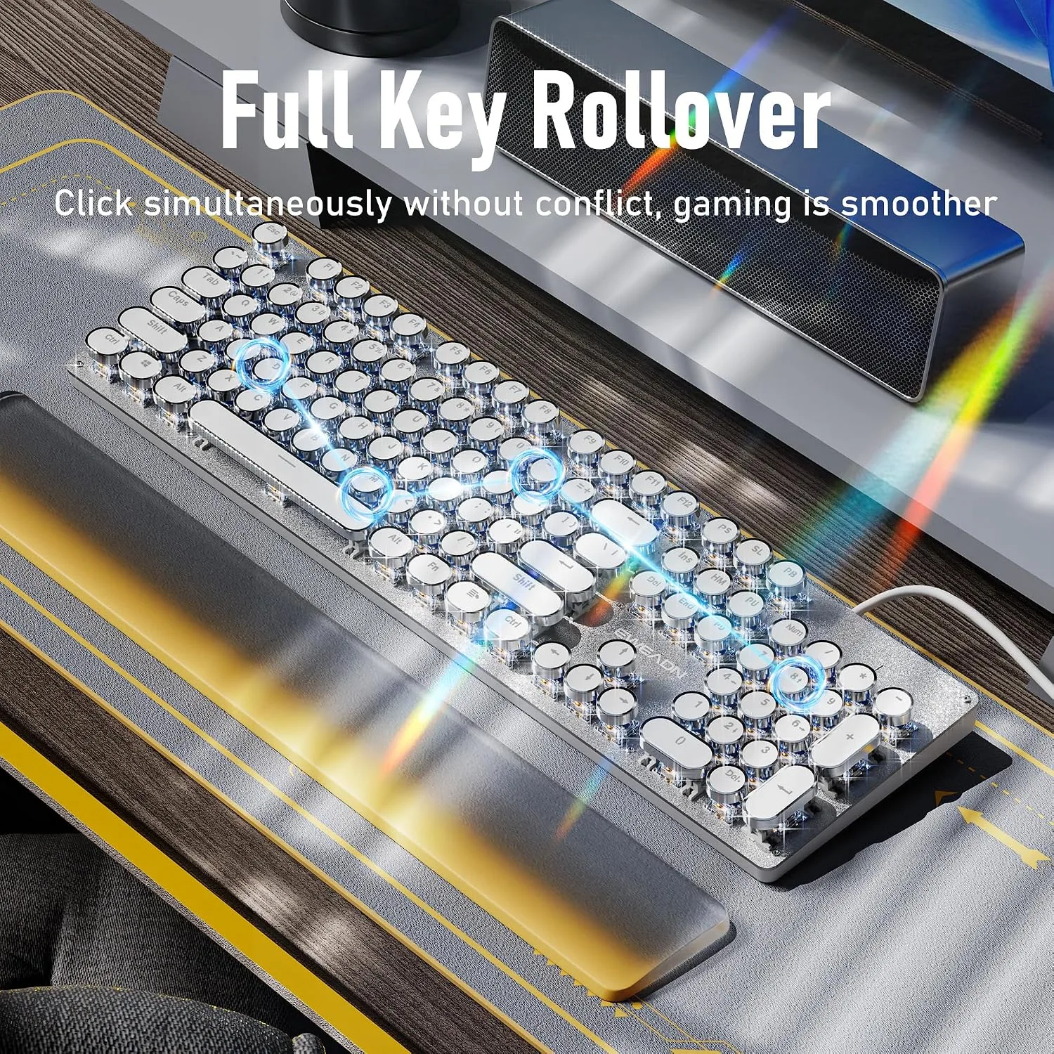 Wired Typewriter Style Mechanical Gaming Keyboard with White Backlit-White