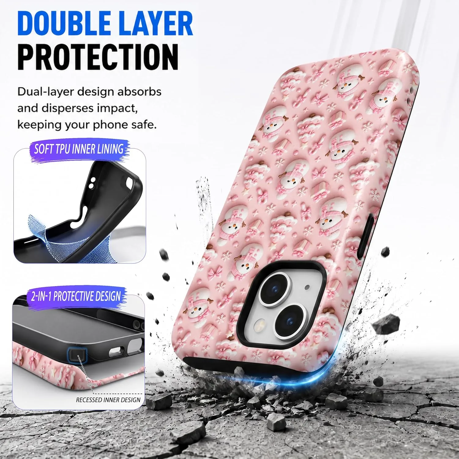 Magnetic for iPhone 15 Cute Pink Phone Case, Christmas Snowman