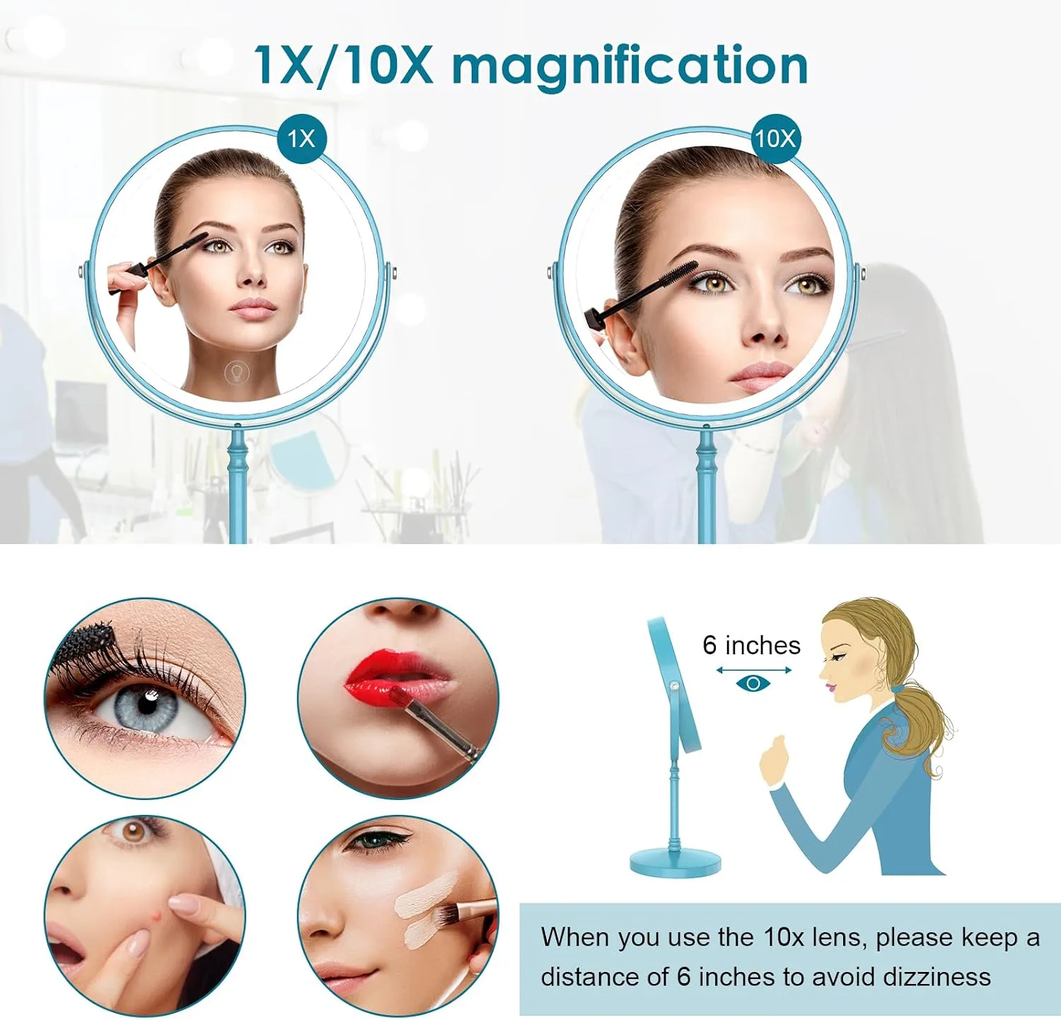 DEIOVWXS Makeup Mirror, Rechargeable Vanity Mirror with 3 Lights, 1X/10X