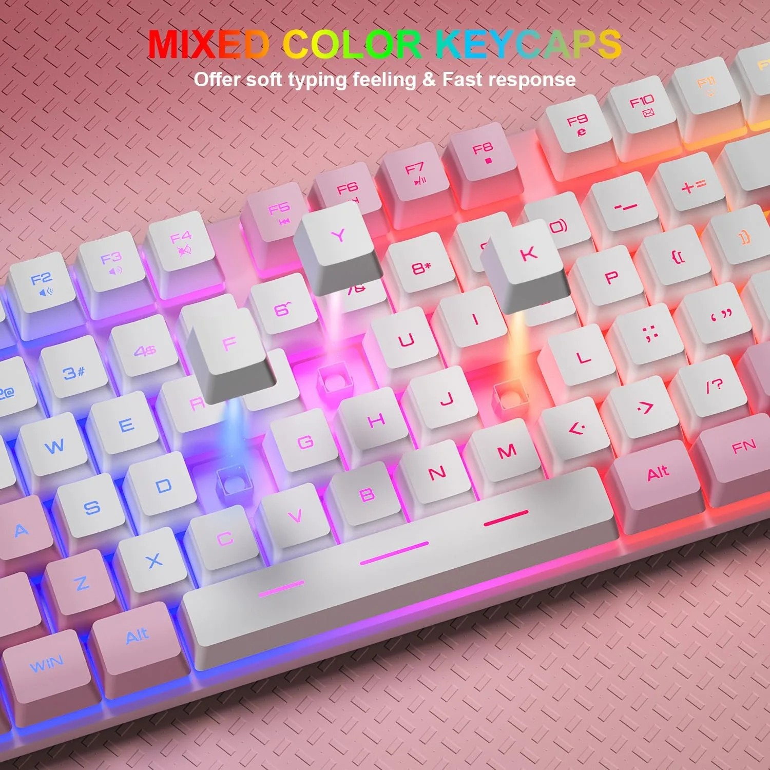 BlueFinger RGB Gaming Keyboard and Backlit Mouse Combo, USB Wired, LED Gaming Set for Laptop PC Computer Game and Work (Pink & White)