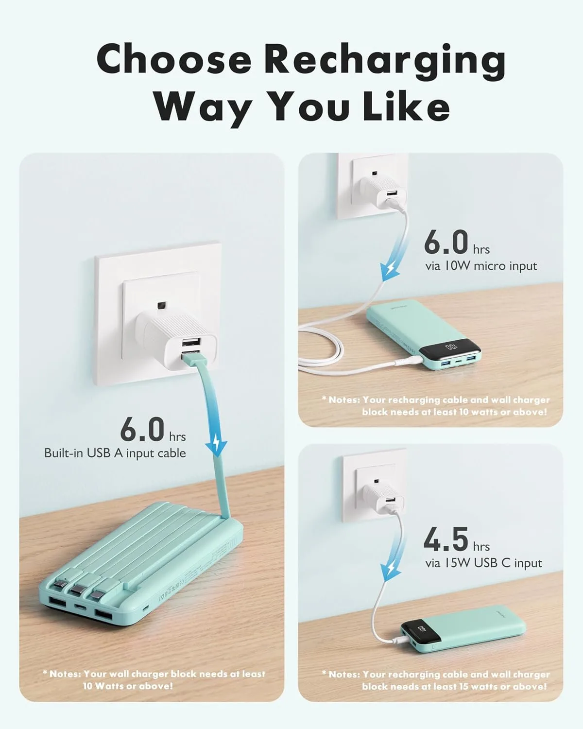 charmast 10000mAh Power Bank Portable Charger with 4 Built-in Cables