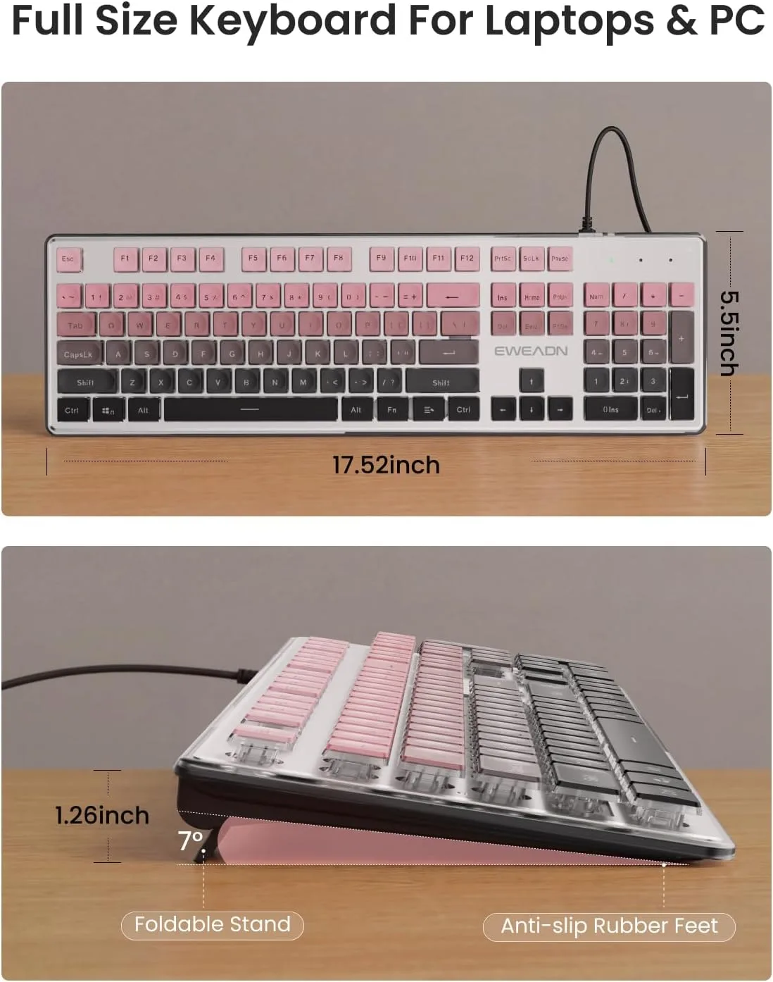Wired Keyboard with White Backlit, Never Fade, Soft Click, Black Ombré