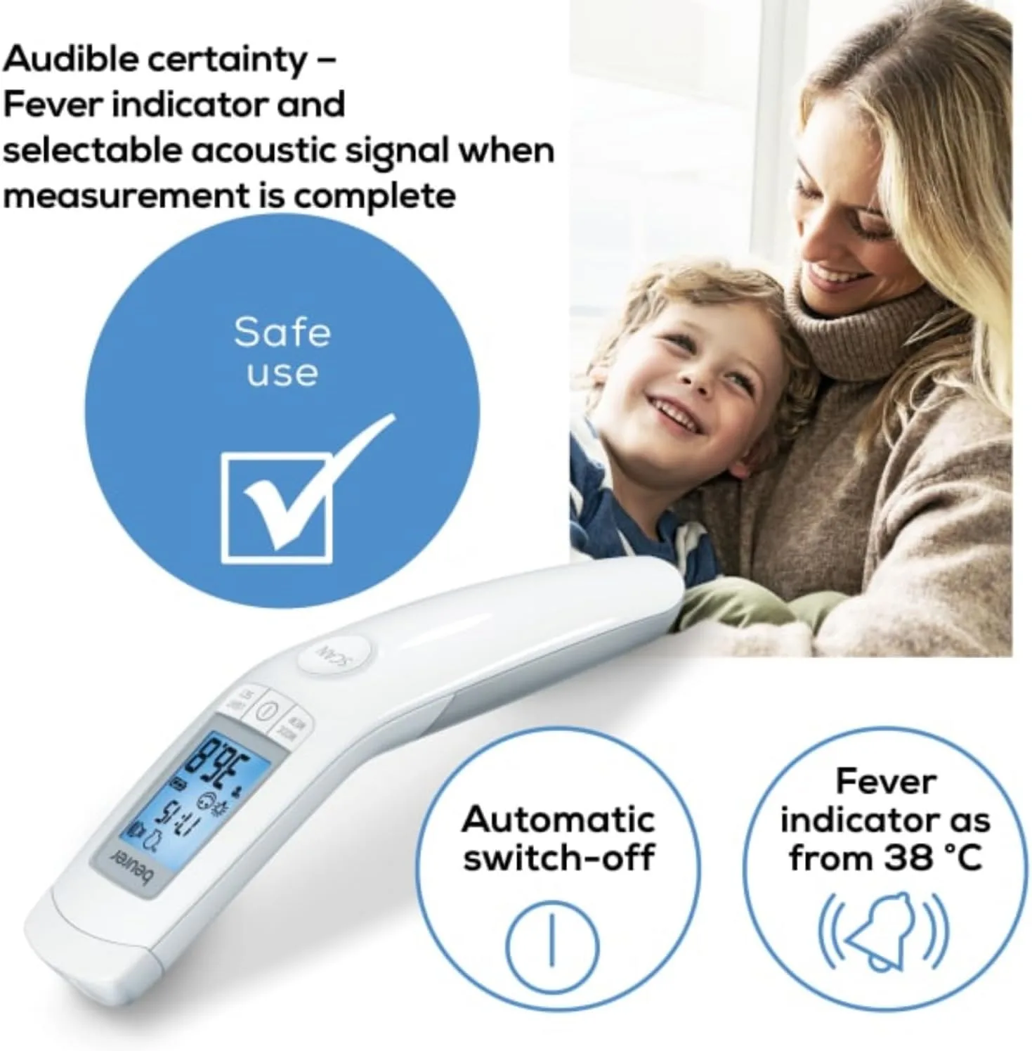 Beurer FT90 3-in-1 Forehead Non-Contact, Body, Surface, Room Temperature, High Accuracy, Large Blue Backlit LCD Display Thermometer, 60 Memory Spaces