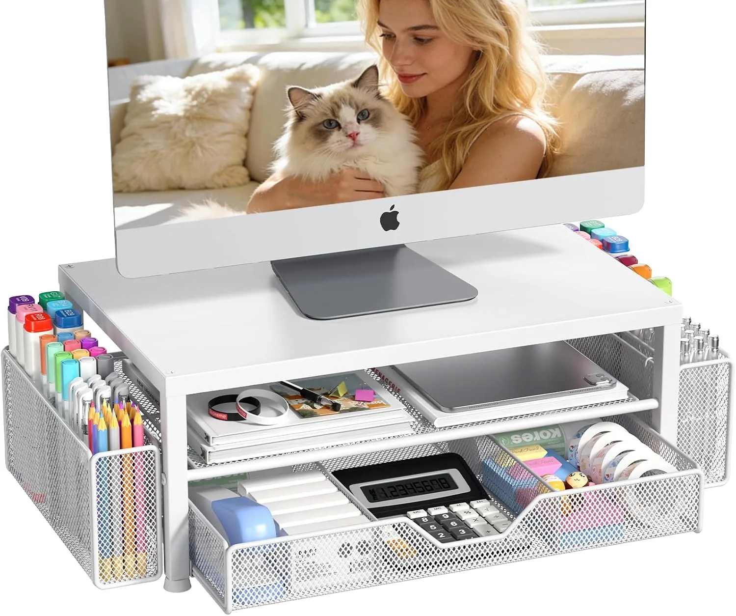 OPNICE Desk Organizer, Monitor Stand Riser with Drawer and 2 Pen Holders