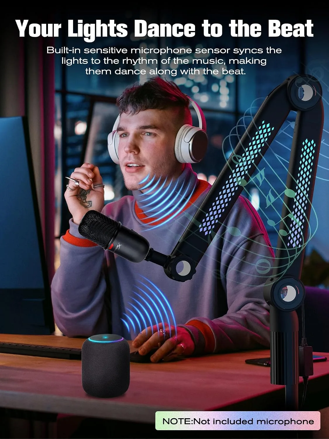 SUNMON RGB Mic Arm – Adjustable Boom Arm with Rhythm RGB Lighting for Blue Yeti, HyperX QuadCast, Rode, Fifine AM8, and More – Perfect for Podcasting, Streaming, and Gaming