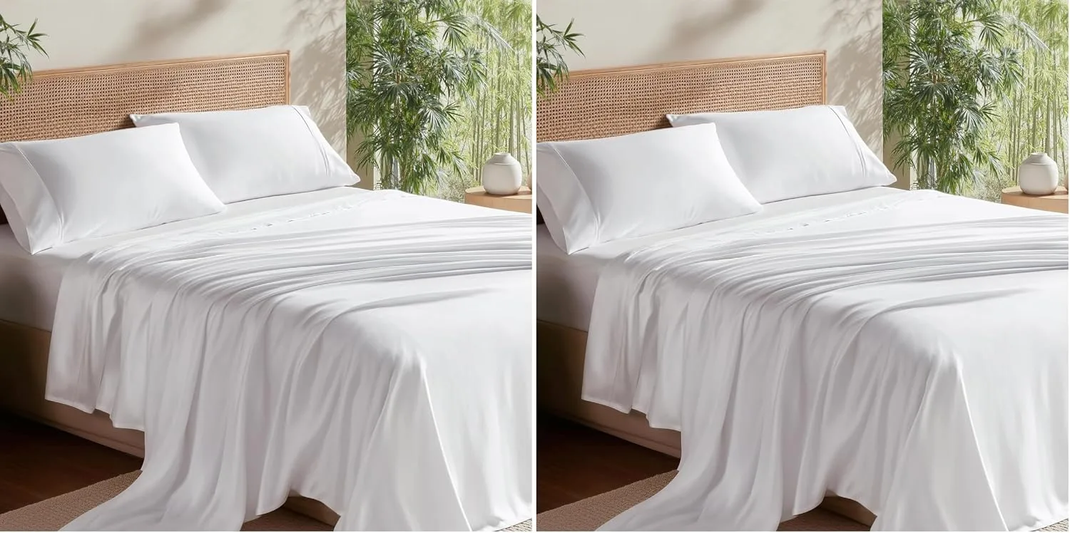 Bedsure King Size Sheet Set, Cooling Sheets, Rayon Derived from Bamboo, Deep Pocket Up to 16", PureWoven, Breathable & Soft, Bed Sheets, Hotel Luxury Silky Bedding for Hot Sleepers, White (Pack of 2)