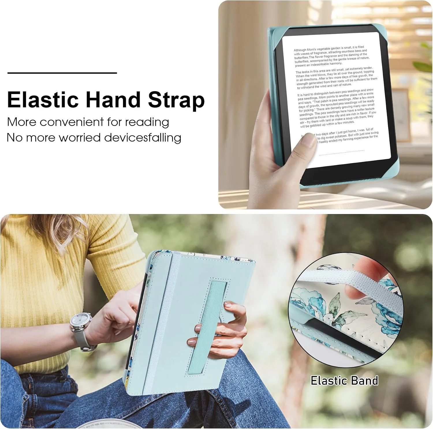HoYiXi Universal Case for 6 inch Kindle eReader Compatible with Paperwhite(2015/2018)/Pocketbook and Tolino/Kobo Clara HD,6" eReader Protective Case Cover Elastic Rope,Flowers 2