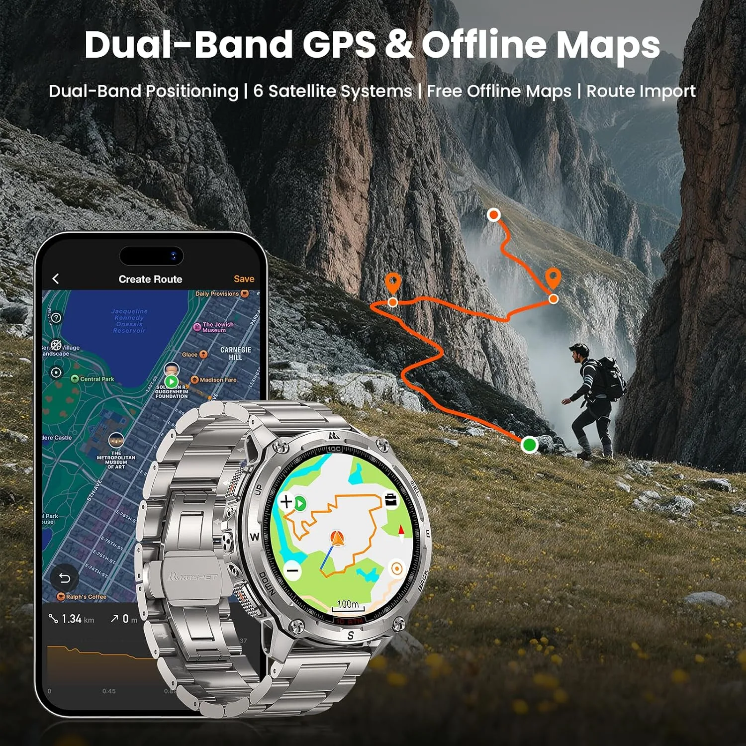 KOSPET Tank T4 Special Edition Smart Watch with Dual-Band GPS, Offline Maps