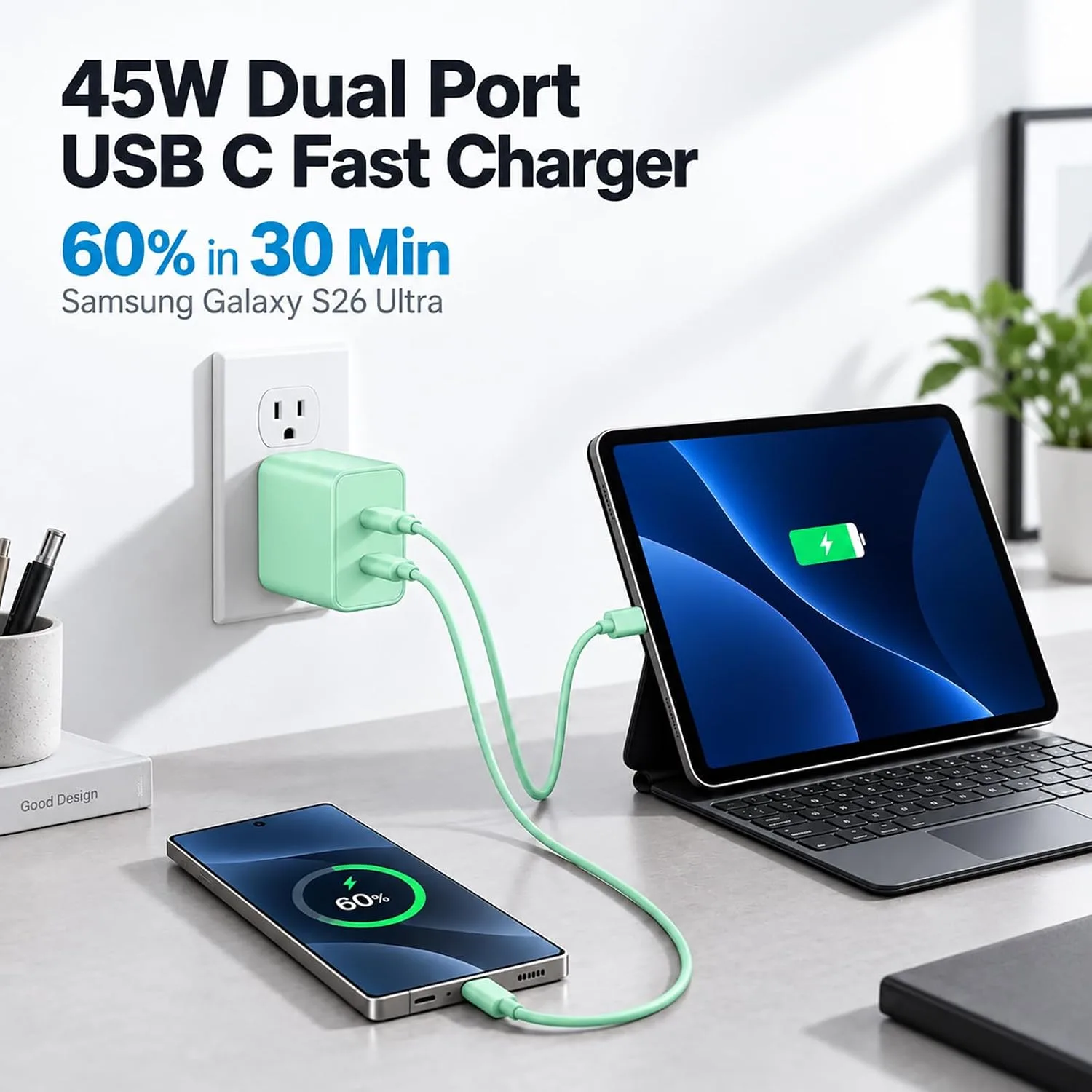 Super Fast Type C Charger for Samsung, 45W Dual Port USB C Charger