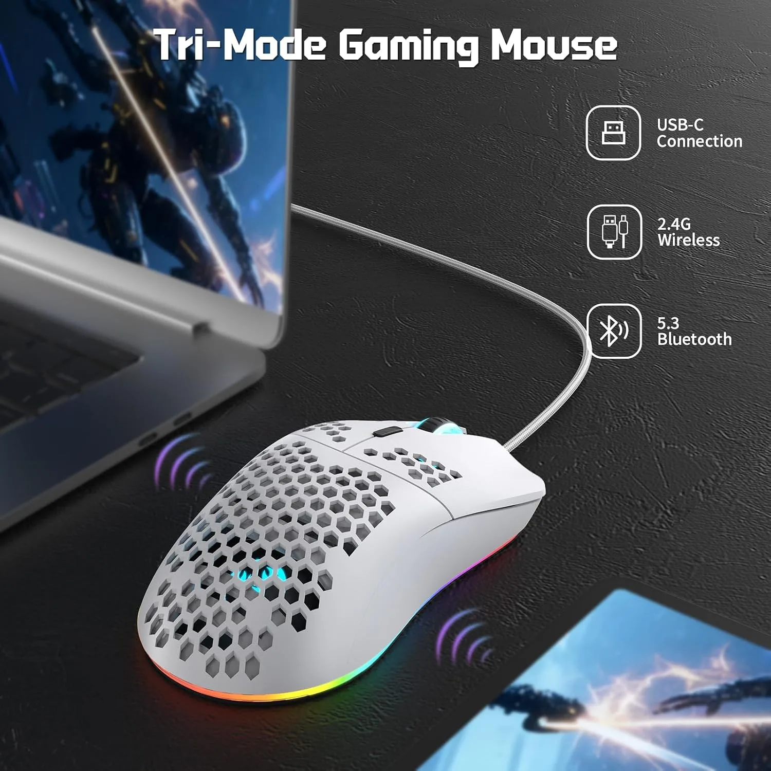 HXSJ T66 Tri-Mode Wireless Gaming Mouse Superlight Honeycomb - White