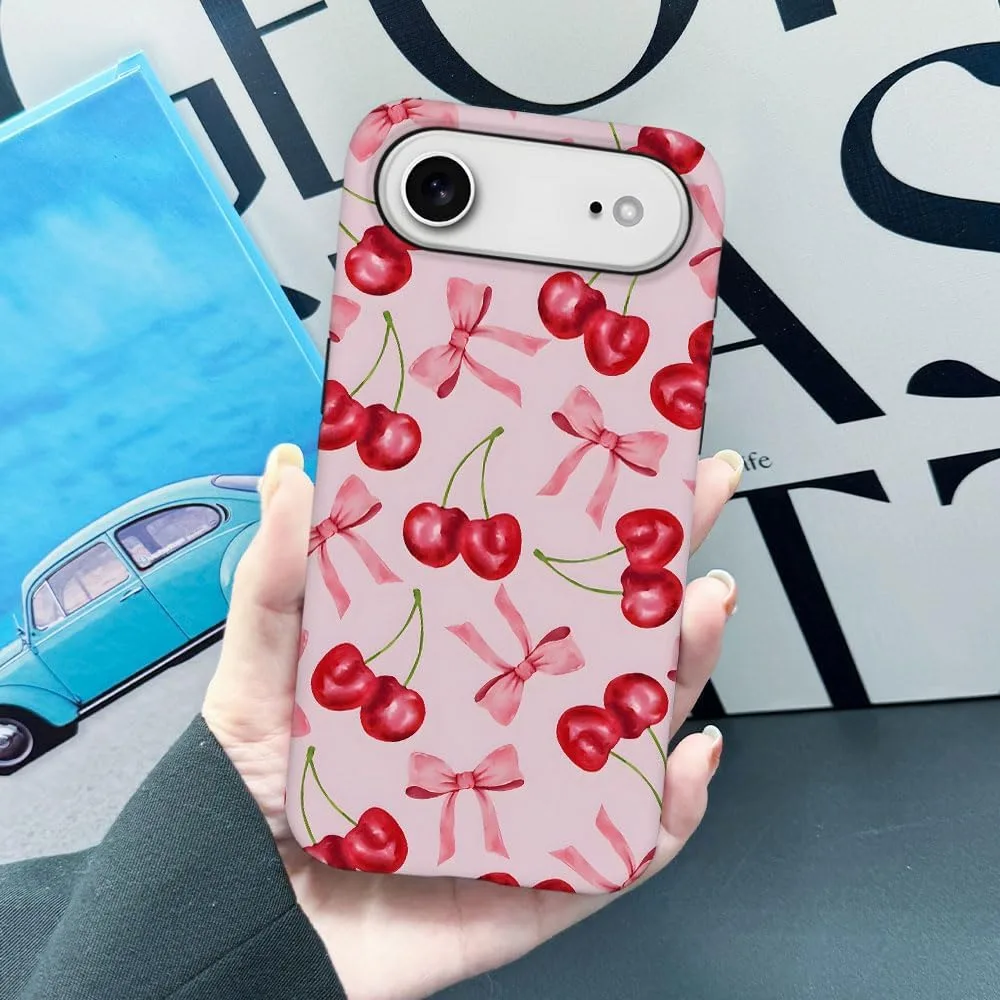 Case Compatible with iPhone 17 Air,Fall Prevention Hybrid 2-Layer Hard Shell Phone Cover for Girls Boys,Pink Bow Cherry Ribbon Fruit