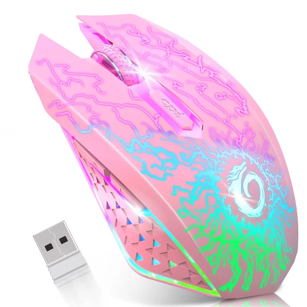 Mouse Gamer inalámbrico VersionTECH recargable con luces LED rosa