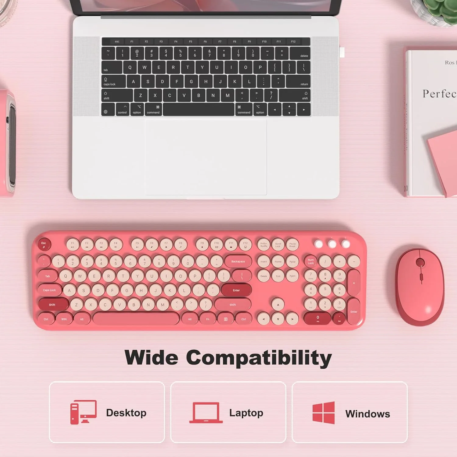 MOFII Wireless Keyboard and Mouse Combo, Full-Size Retro Typewriter-Style Wireless Keyboard with Optical Mouse for Computer/Laptop/Windows/Mac (Rose Red)