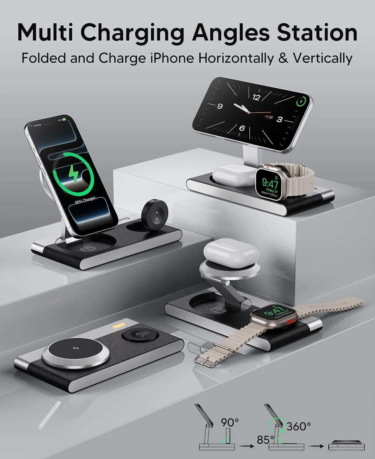 Mukiya 3 in 1 Magnetic Wireless Charging Station for Apple Devices (Black)