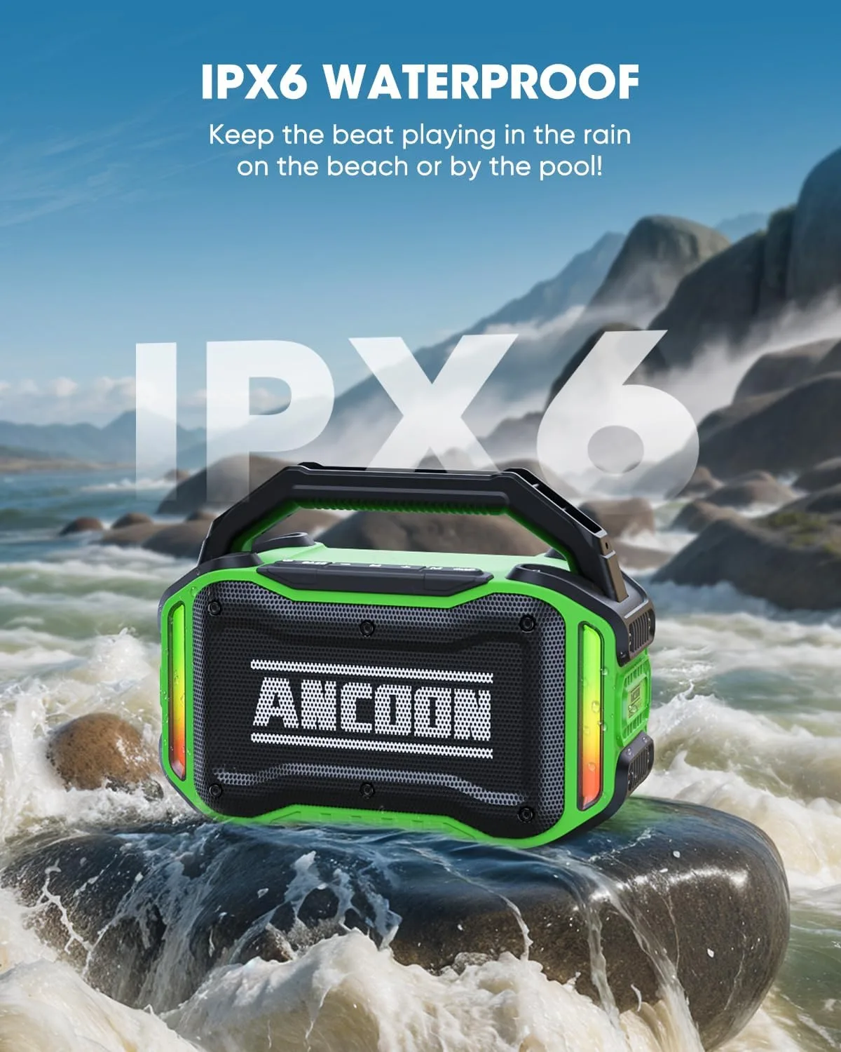 ANCOON Speakers Bluetooth Wireless: 80W(Peak) Loud Speaker with Bass, 20H Playtime, IPX6 Waterproof, Large Jobsite Speakers for Work, Outdoor, Workshop, Garage, Portable Speaker with TWS (Green)