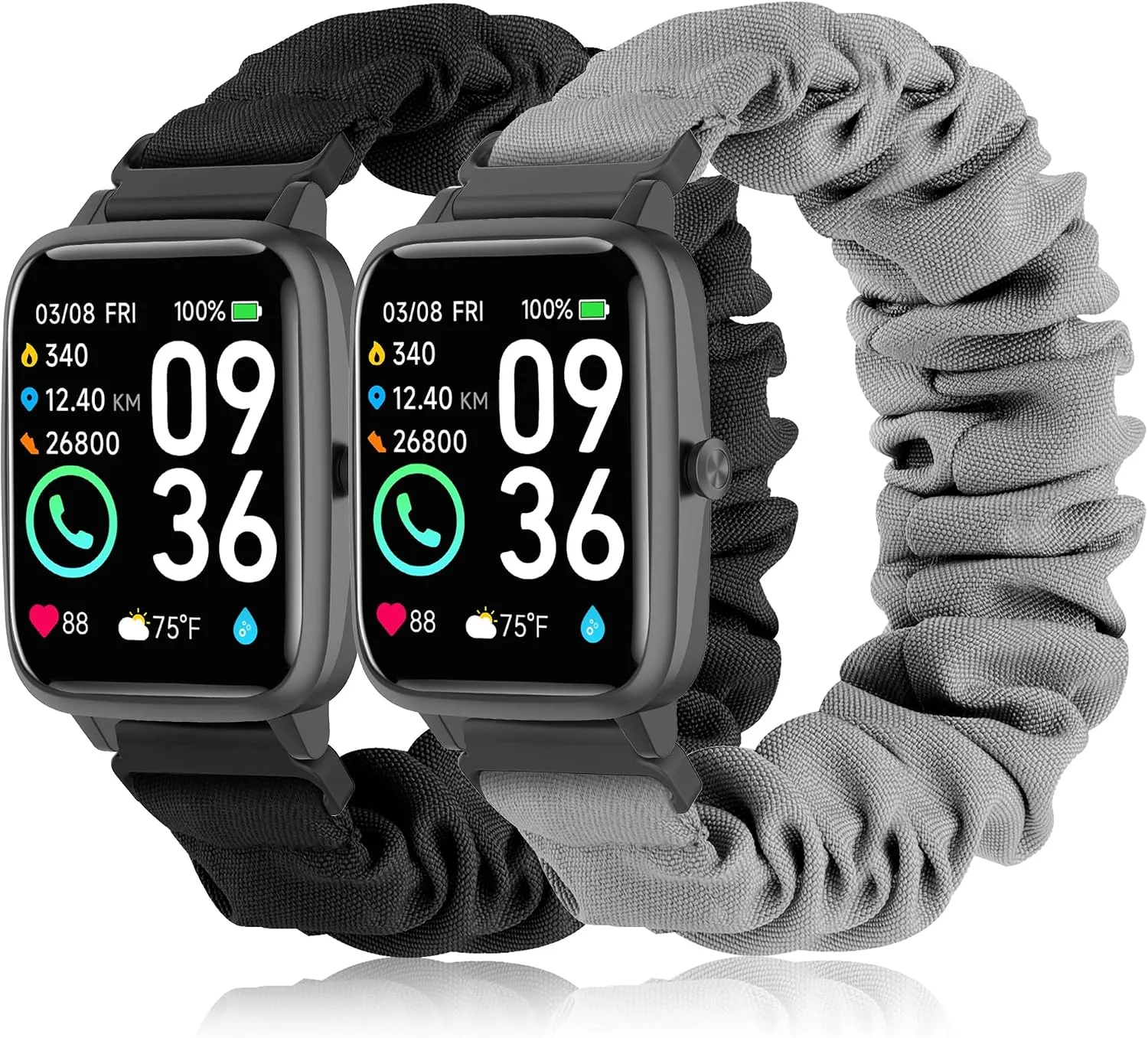 Sunnyson 22mm Bands for Veryfit IDW13/IDW16/IDW19/IDW26/IDW28 Smartwatch，2 Pack Elastic Fabric Scrunchie Straps for Fitvii H57/H56/Fitpolo/Toobur id208 Plus Women