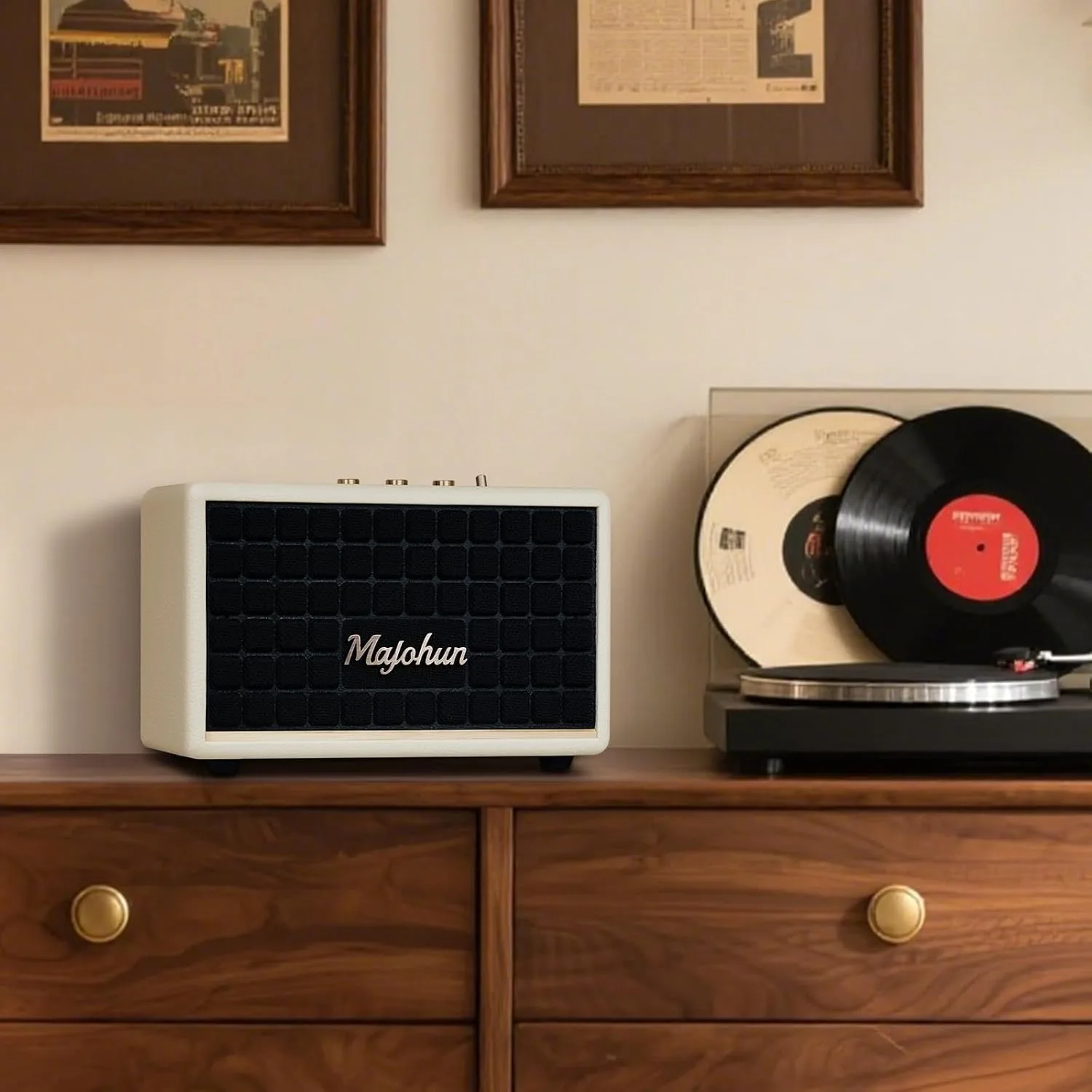 100W Peak Wood Bluetooth 5.4 Speaker, Vintage TWS Stereo (White)