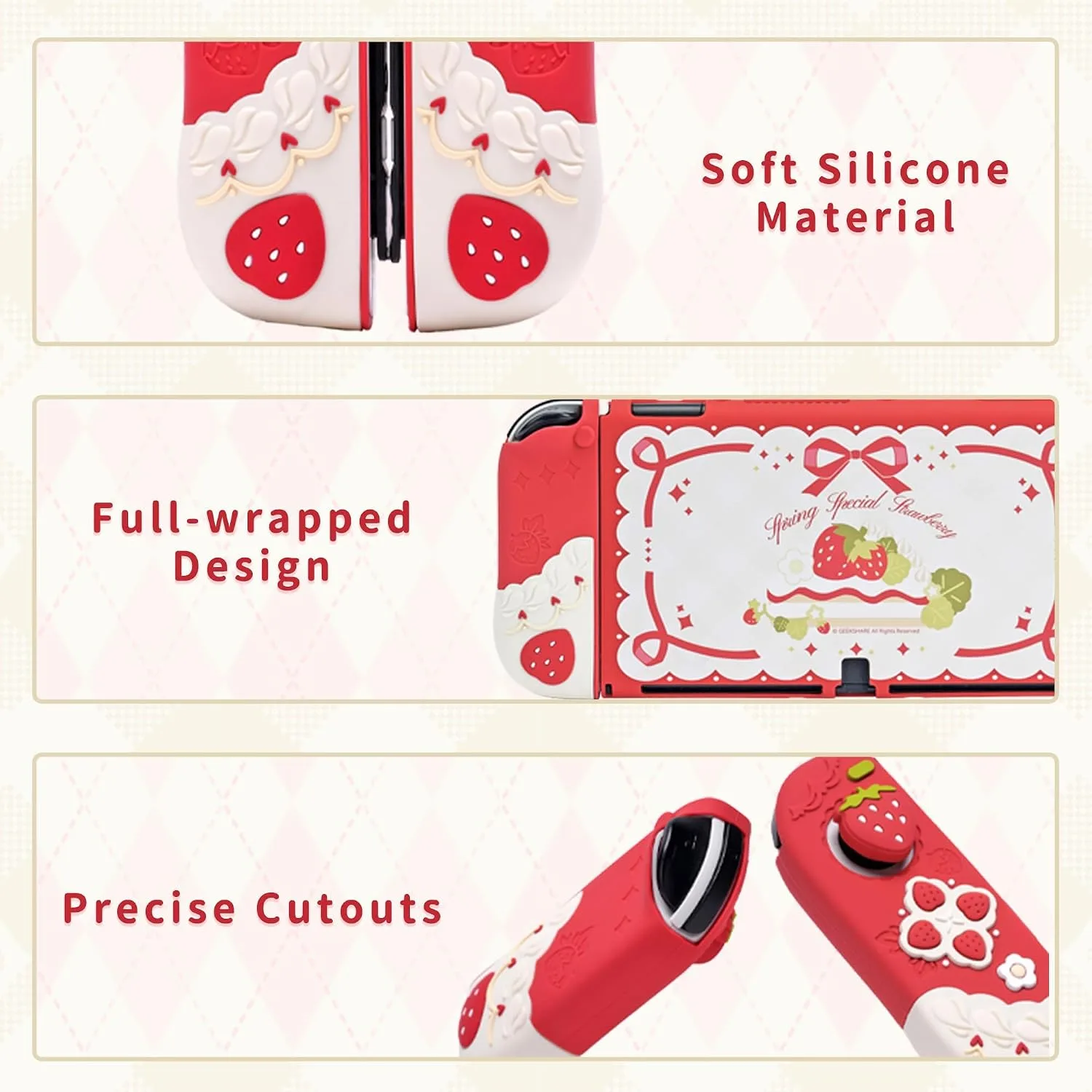 GeekShare Protective Case for Switch OLED Slim Cover Case Compatible with Switch OLED Separable Soft Silicone Protective Shell for Joystick with 2 Thumb Grip Caps - Strawberries with Cream