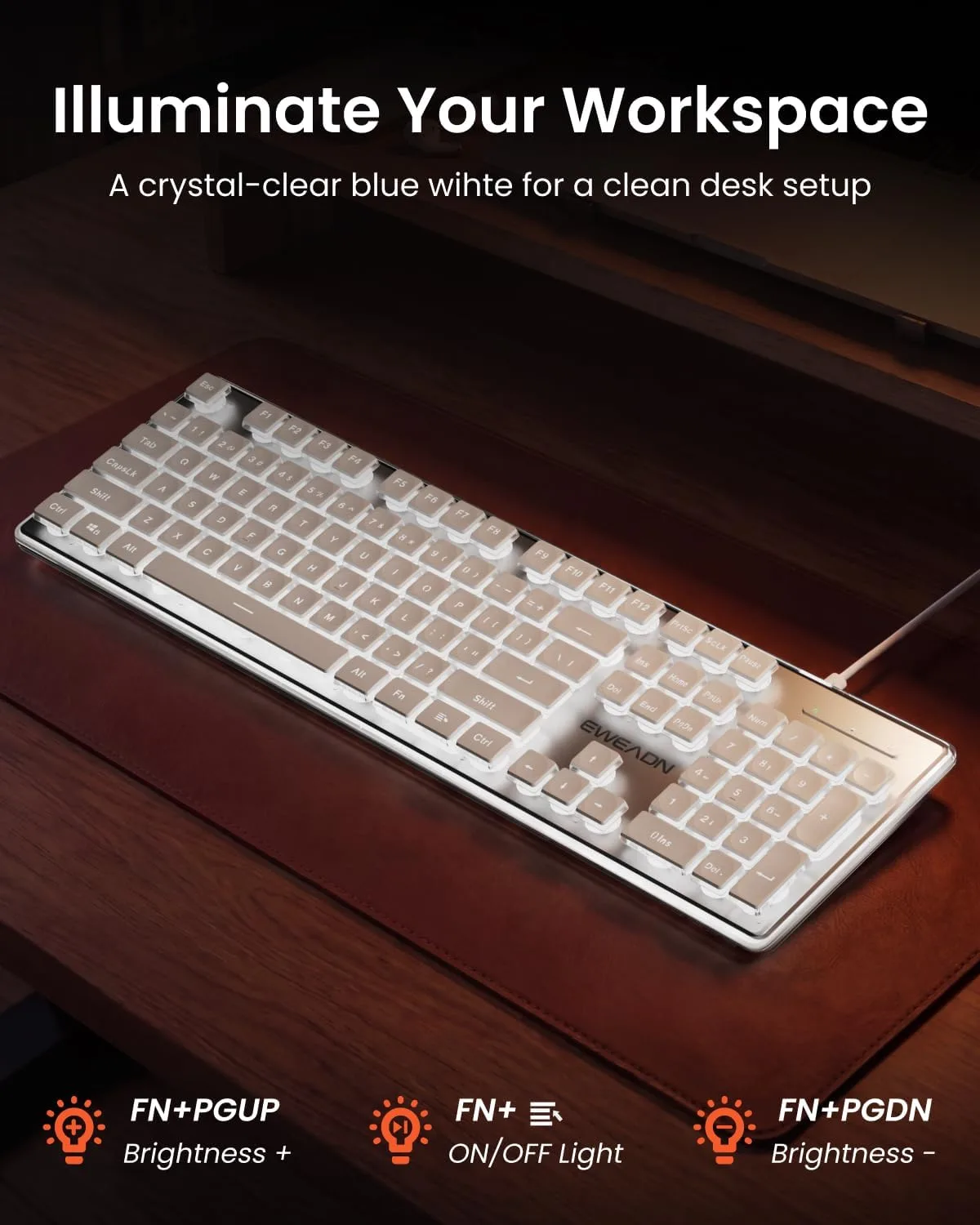 Wired Keyboard with White Backlit, Never Fade, Soft Click Typing, White