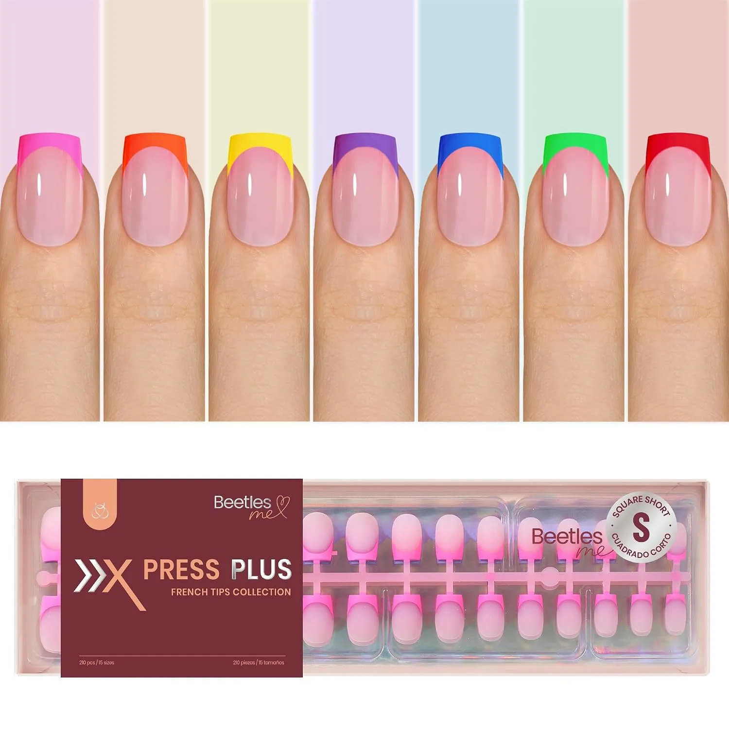 Beetles French Tip Press On Nails - Short Square 210 Pcs 7 Colors