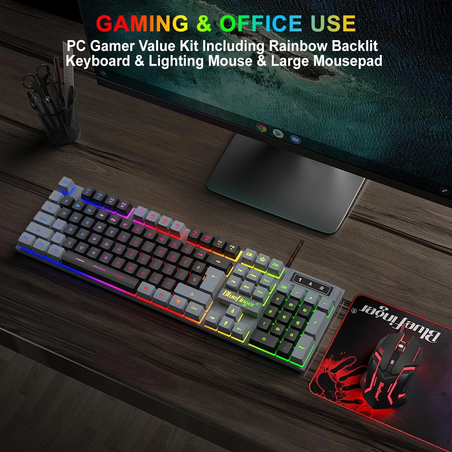 BlueFinger RGB Gaming Keyboard and Backlit Mouse Combo, USB Wired, LED Gaming Set for Laptop PC Computer Game and Work(Gray & Black)