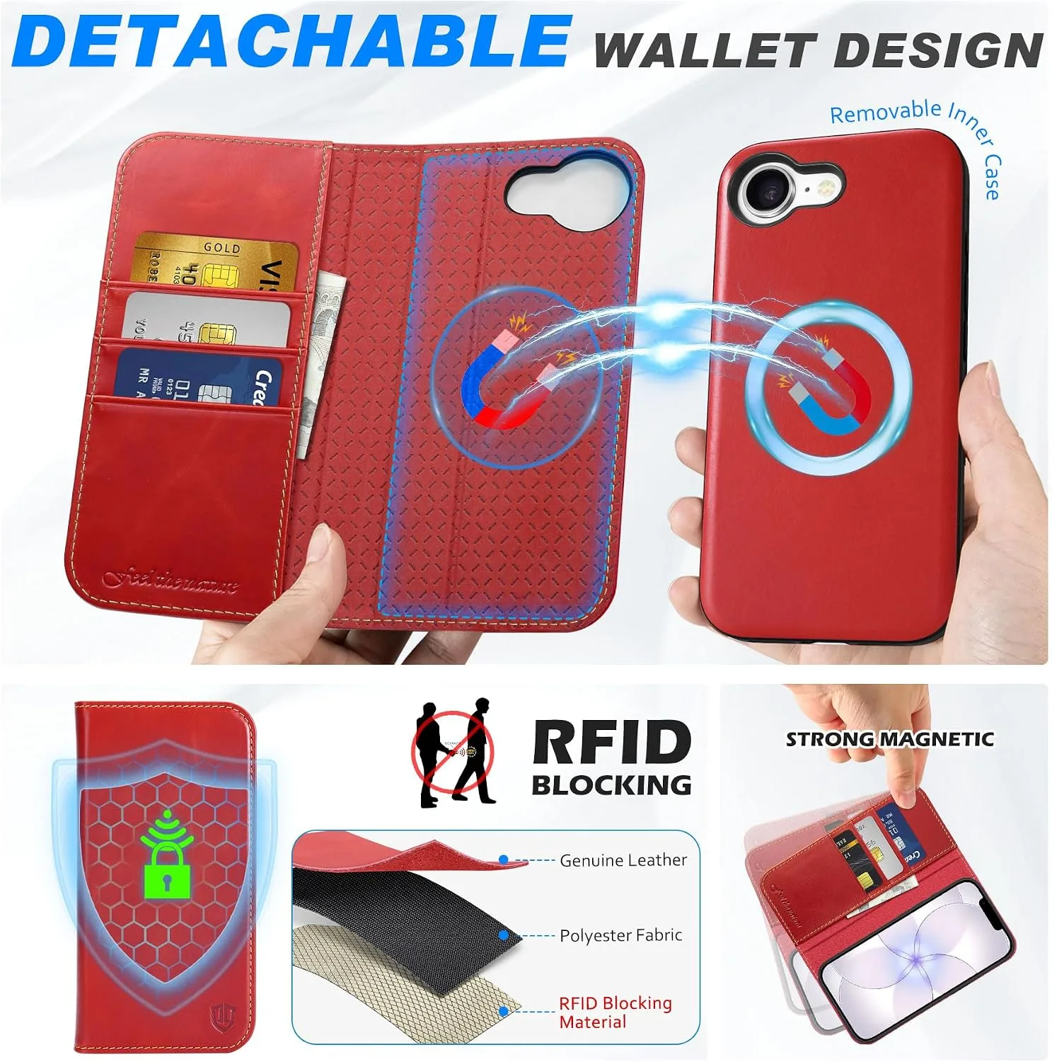 SHIELDON 2 in 1 Genuine Leather Wallet Case for iPhone 17e 6.1", Retro Red
