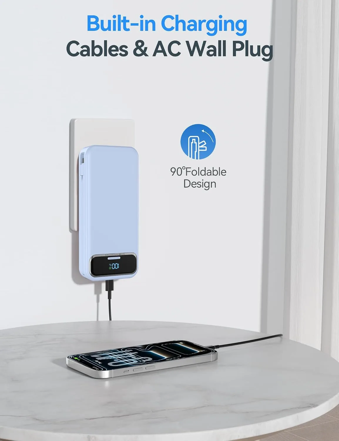 aonidi Portable Charger 20000mAh with Built-in Cables&AC Wall Plug, Blue